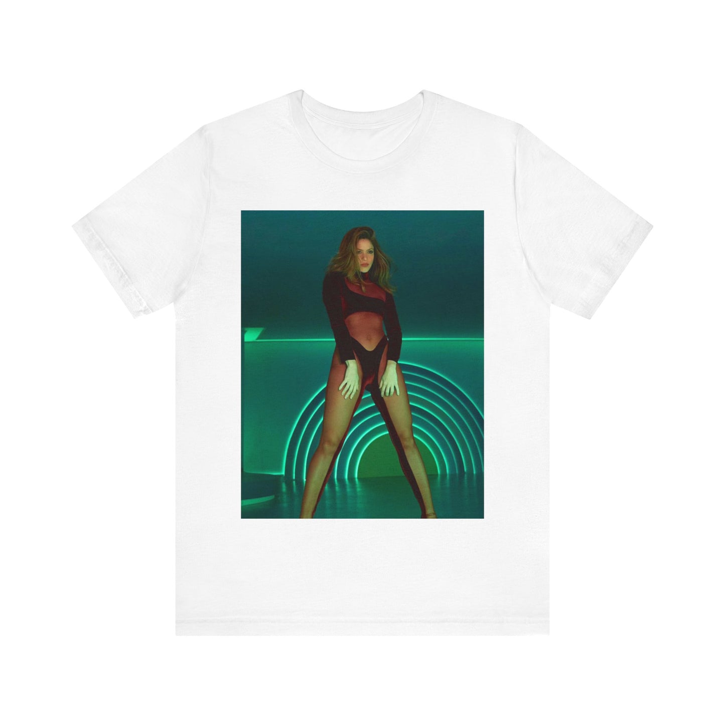 A black graphic t-shirt featuring a graphic of Shakira as the Queen of the Dance Floor.