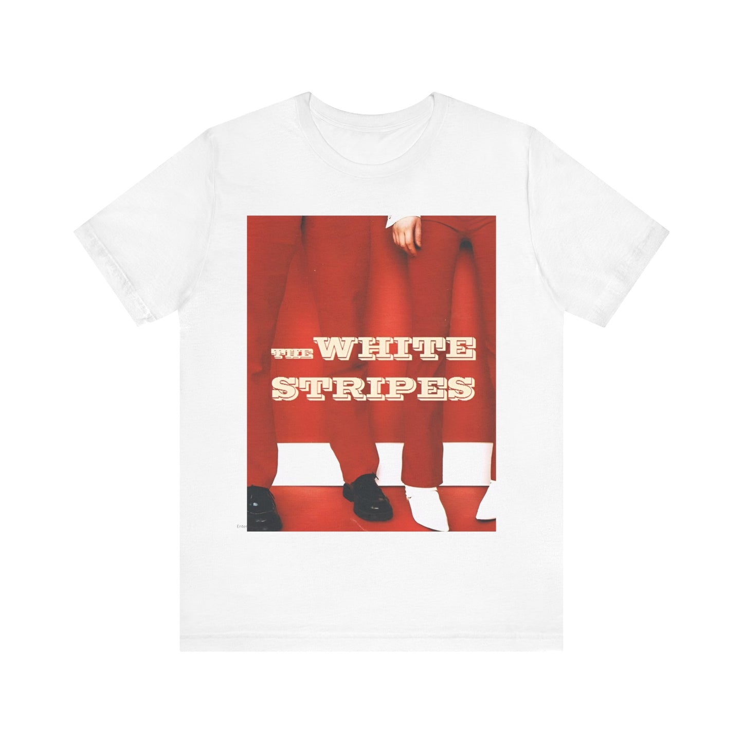 A black graphic t-shirt featuring a red and white signature graphic of The White Stripes.