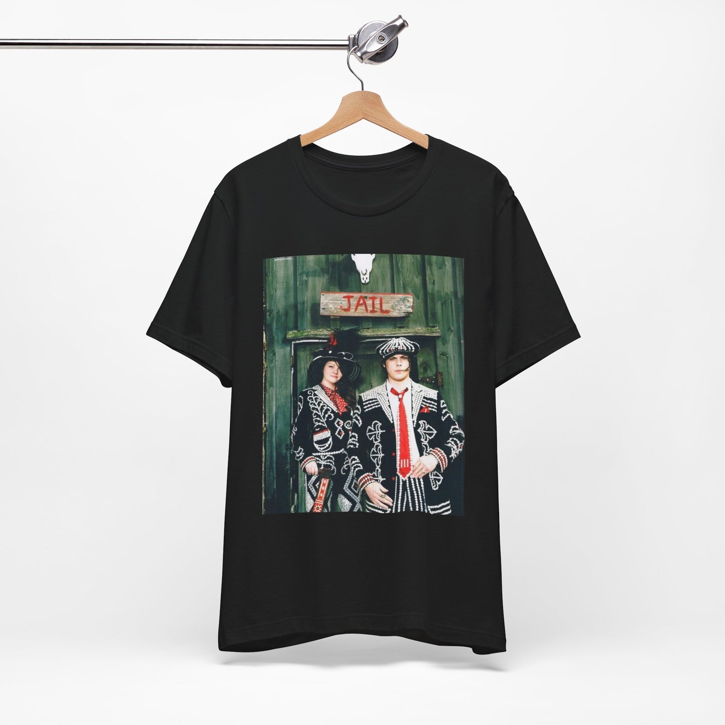 A black graphic t-shirt featuring a graphic of Jack and Meg White from The White Stripes.