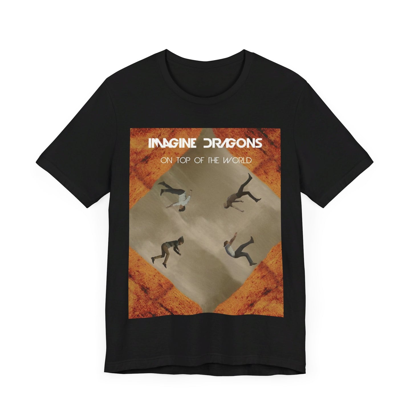 A black graphic t-shirt featuring a graphic related to Imagine Dragons' 'On Top of The World' song.