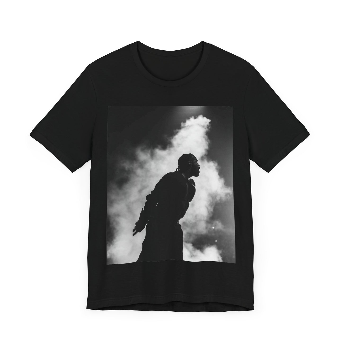A black graphic t-shirt featuring a timeless black and white graphic or photo portrait of Drake.
