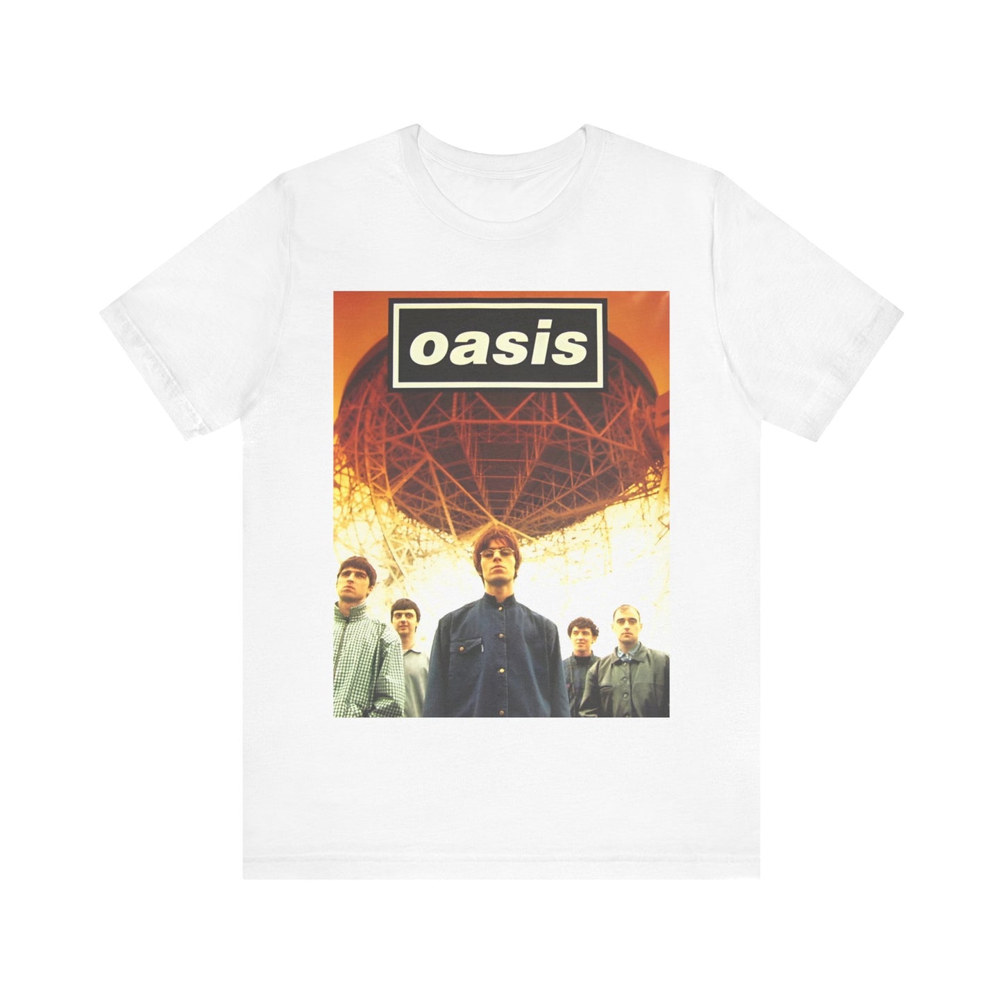 A black graphic t-shirt featuring a 90s vintage Britpop icon graphic of Oasis.