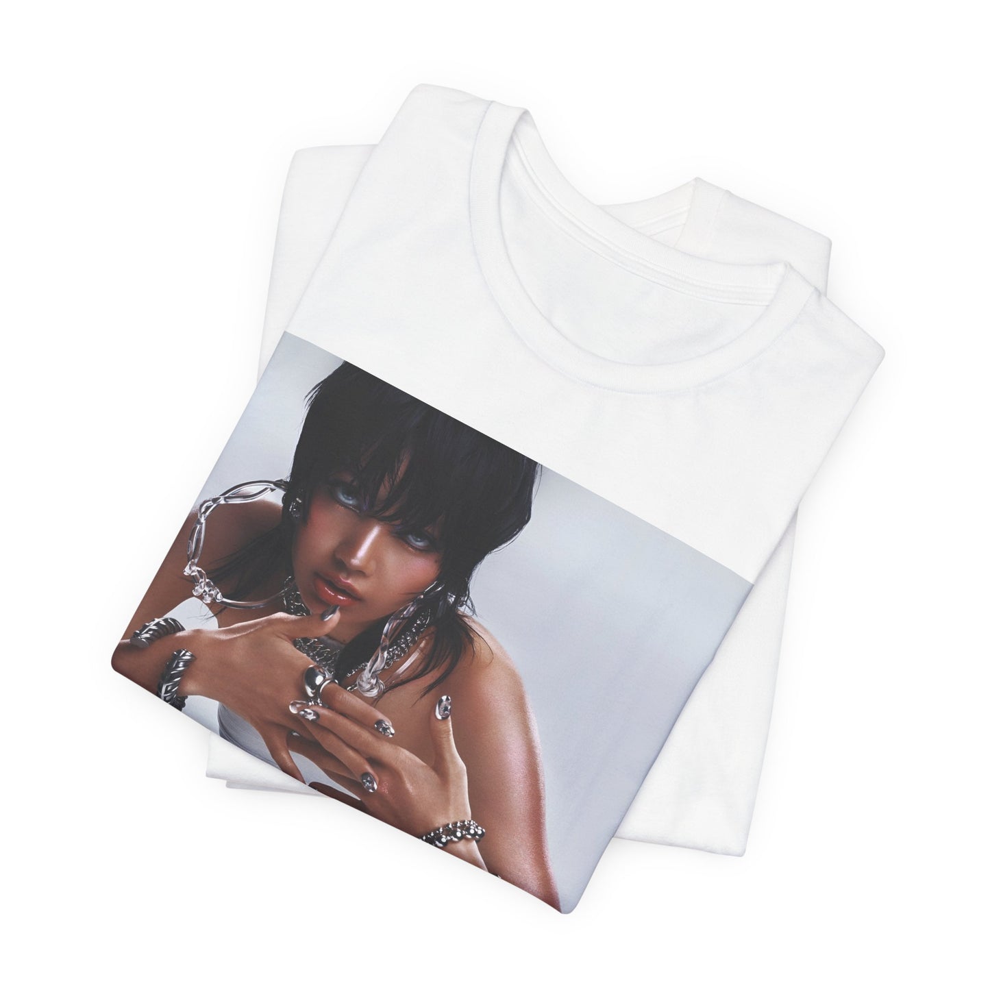 A black graphic t-shirt featuring a casual K-Pop fan graphic of Lisa.