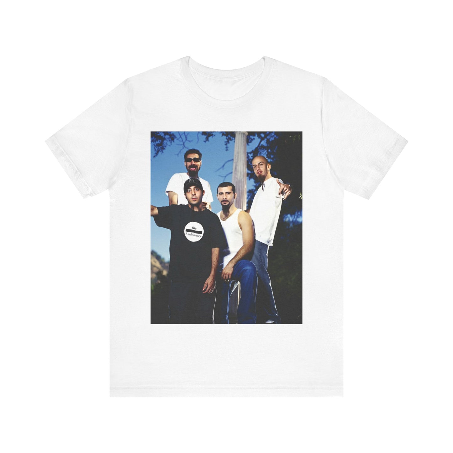 A black graphic t-shirt featuring a vintage alt metal graphic of System of a Down.