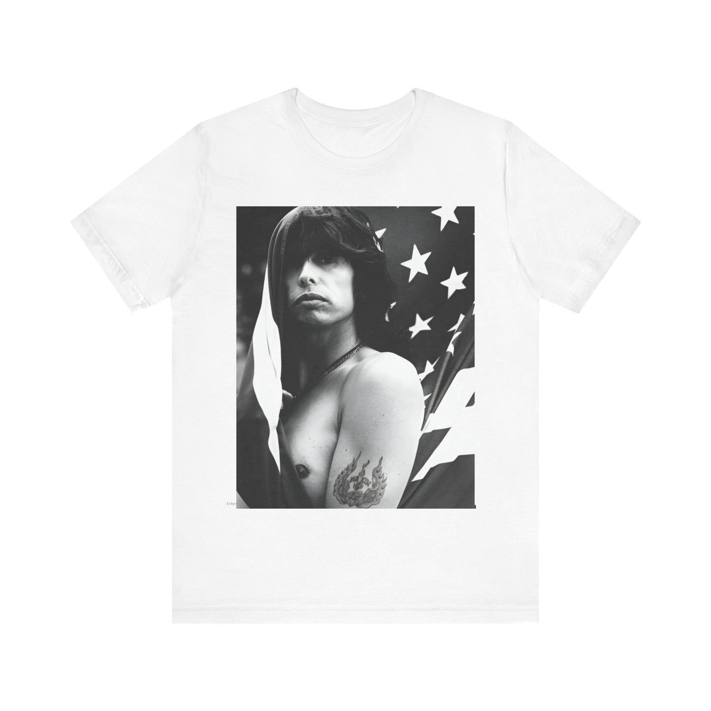 A black graphic t-shirt featuring a retro 70s-style illustration or photo of Aerosmith, integrated with elements of the American flag.