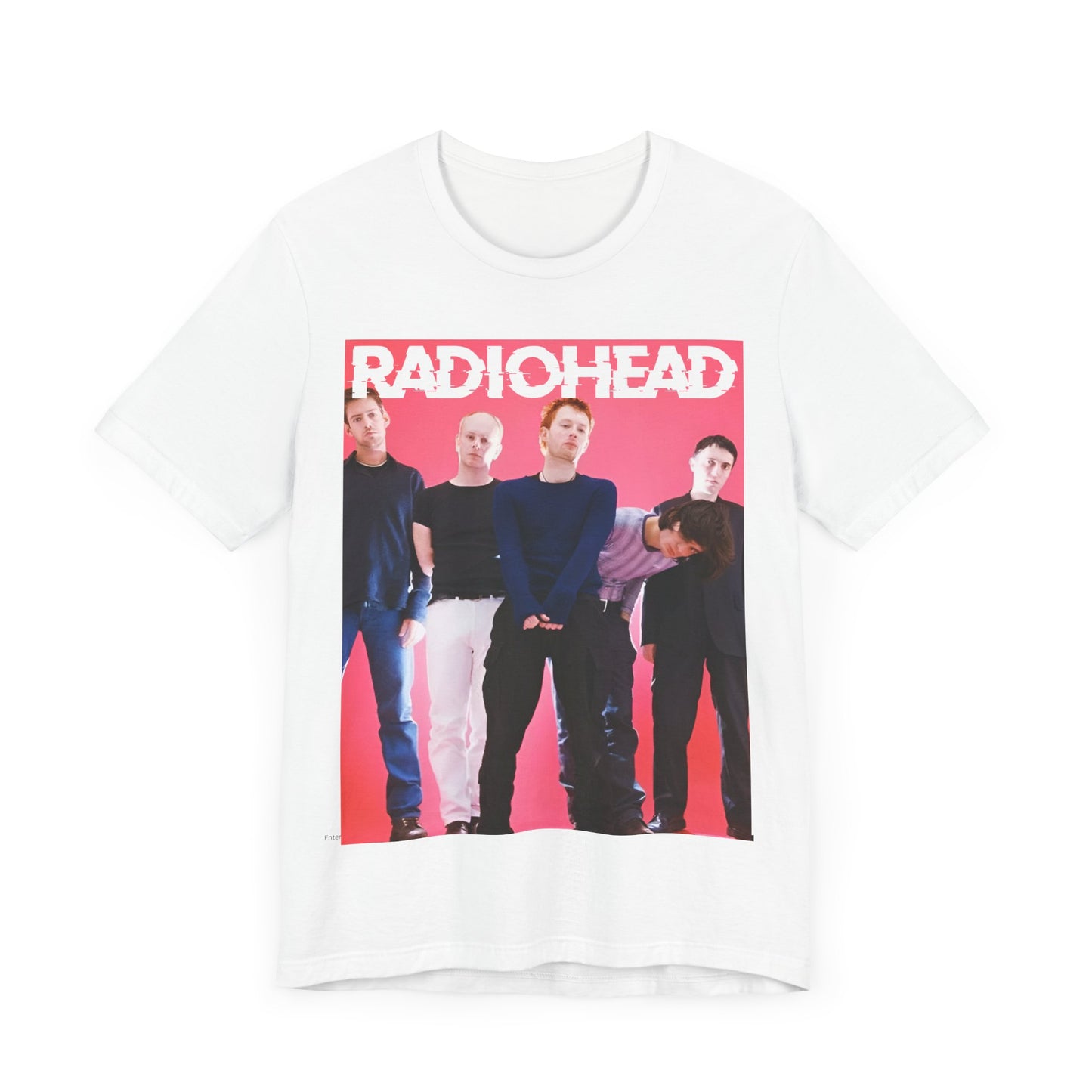 A black graphic t-shirt featuring a 90s alternative aesthetic graphic of Radiohead.
