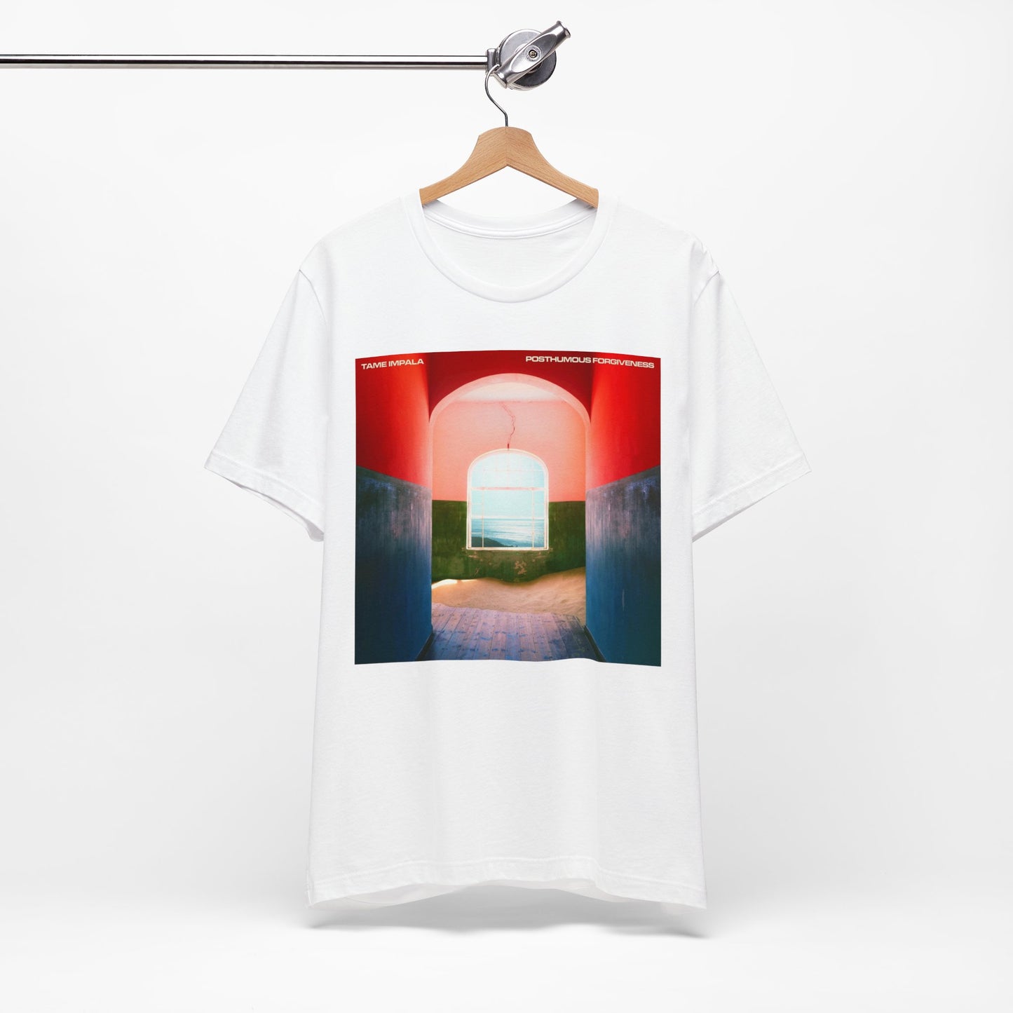 A black graphic t-shirt featuring a graphic related to Tame Impala's song 'Posthumous Forgiveness'.