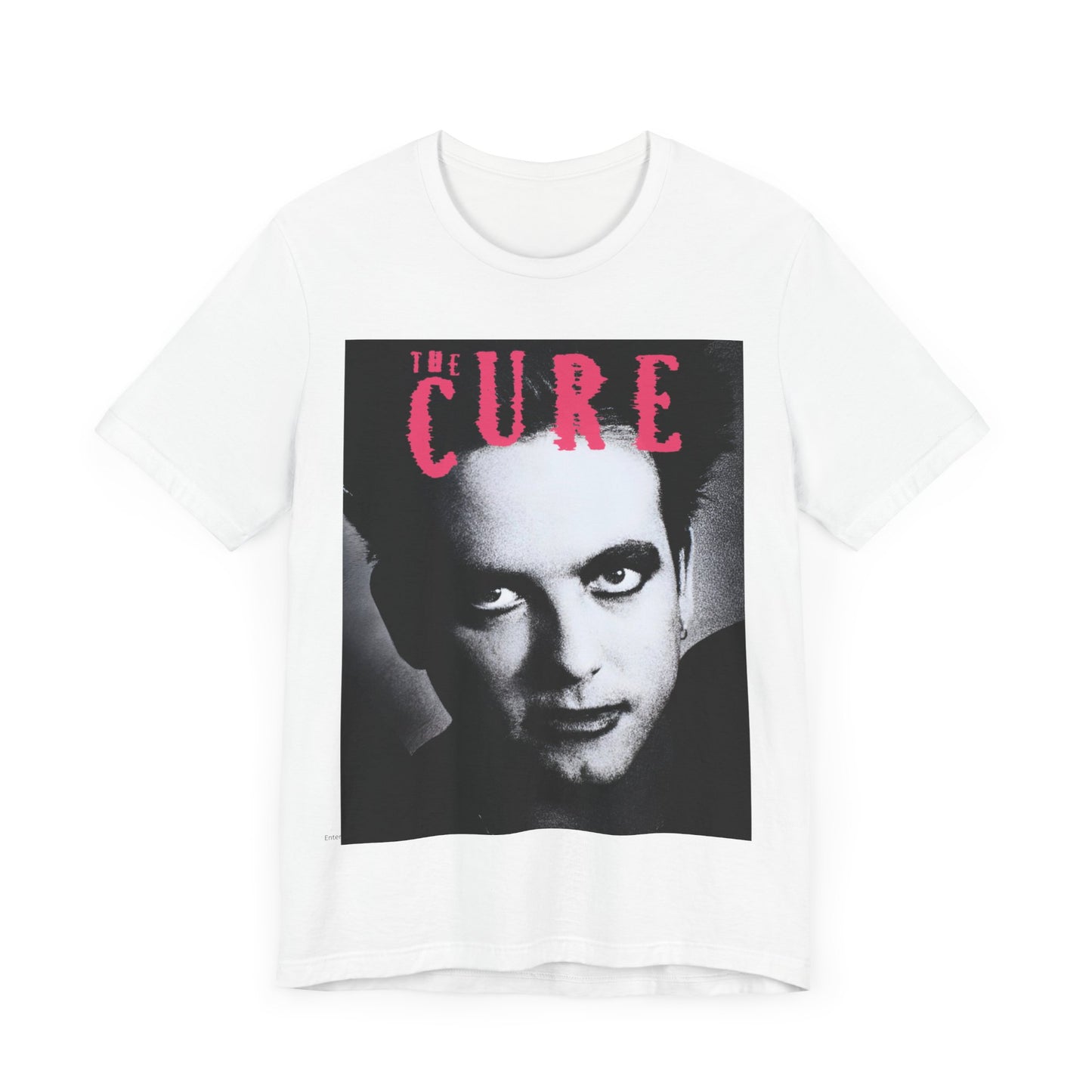 A black graphic t-shirt featuring an 80s post-punk aesthetic graphic of The Cure.