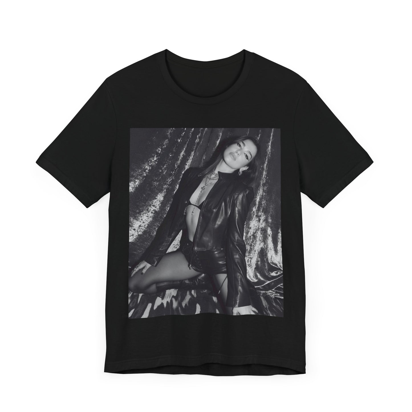 A black graphic t-shirt featuring a black and white portrait photo of Dua Lipa.