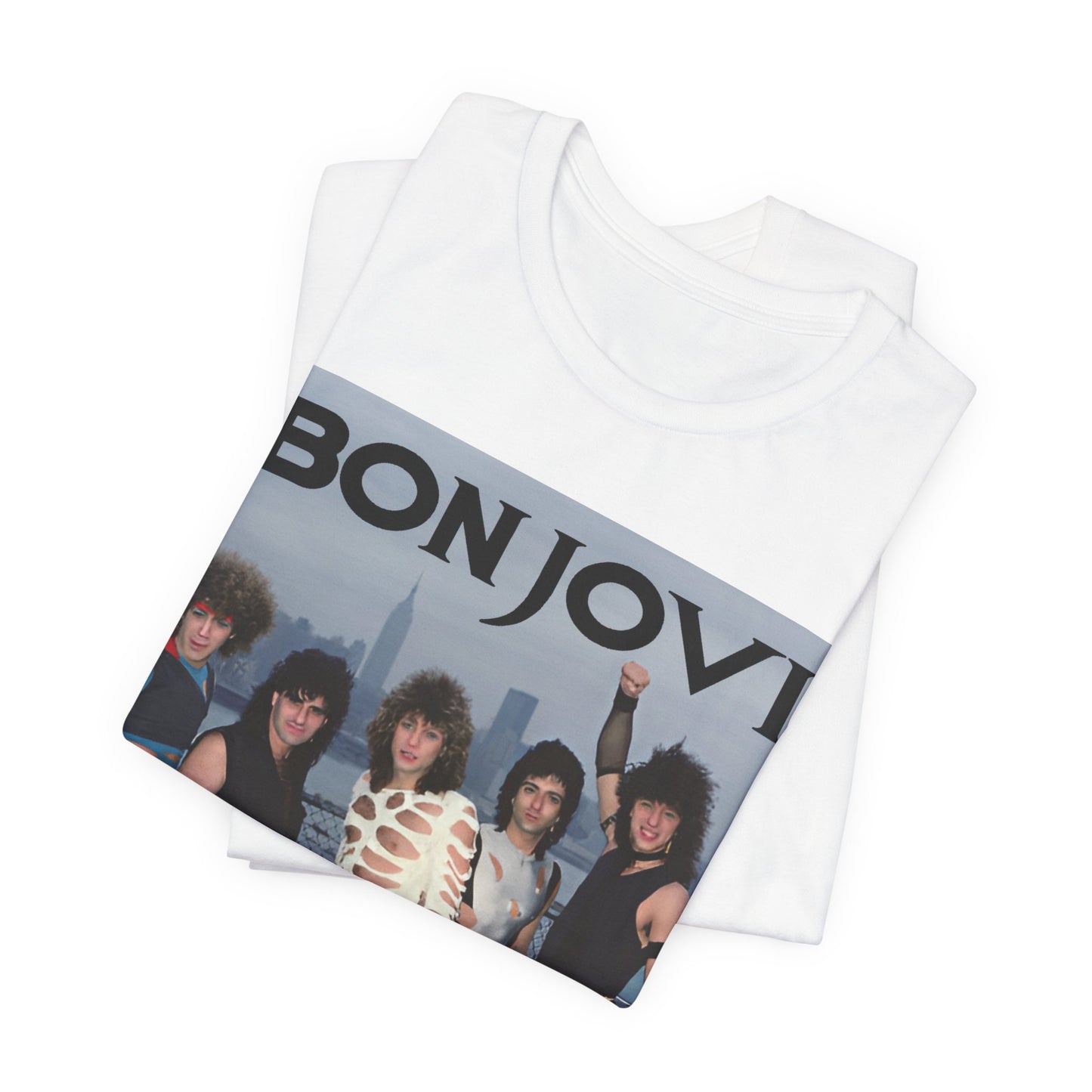 A black graphic t-shirt featuring a graphic related to Bon Jovi's 'Livin' on a Prayer' song or era from the 1980s.