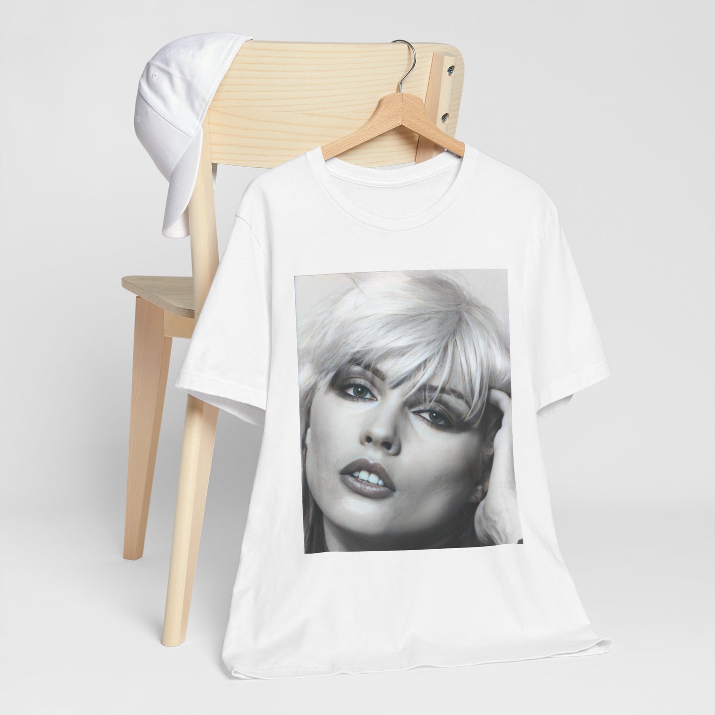 A black graphic t-shirt featuring an iconic black and white portrait photo of Debbie Harry from Blondie.
