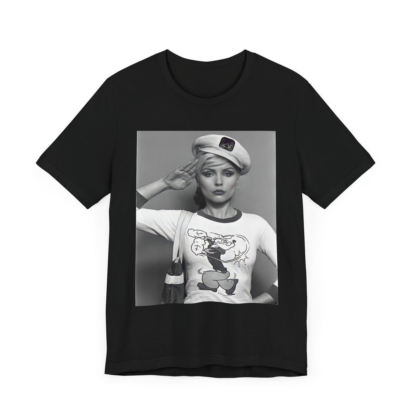 A black graphic t-shirt featuring a classic black and white graphic of the band Blondie.