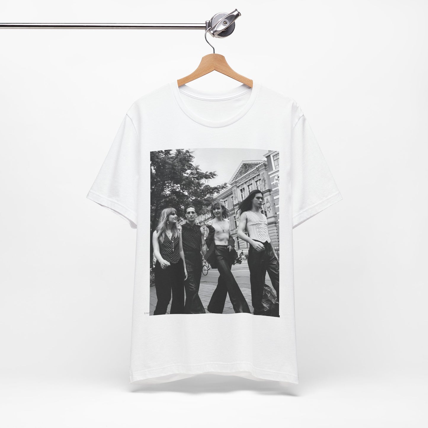 A black graphic t-shirt featuring a retro black and white monochrome graphic or photo of Maneskin.