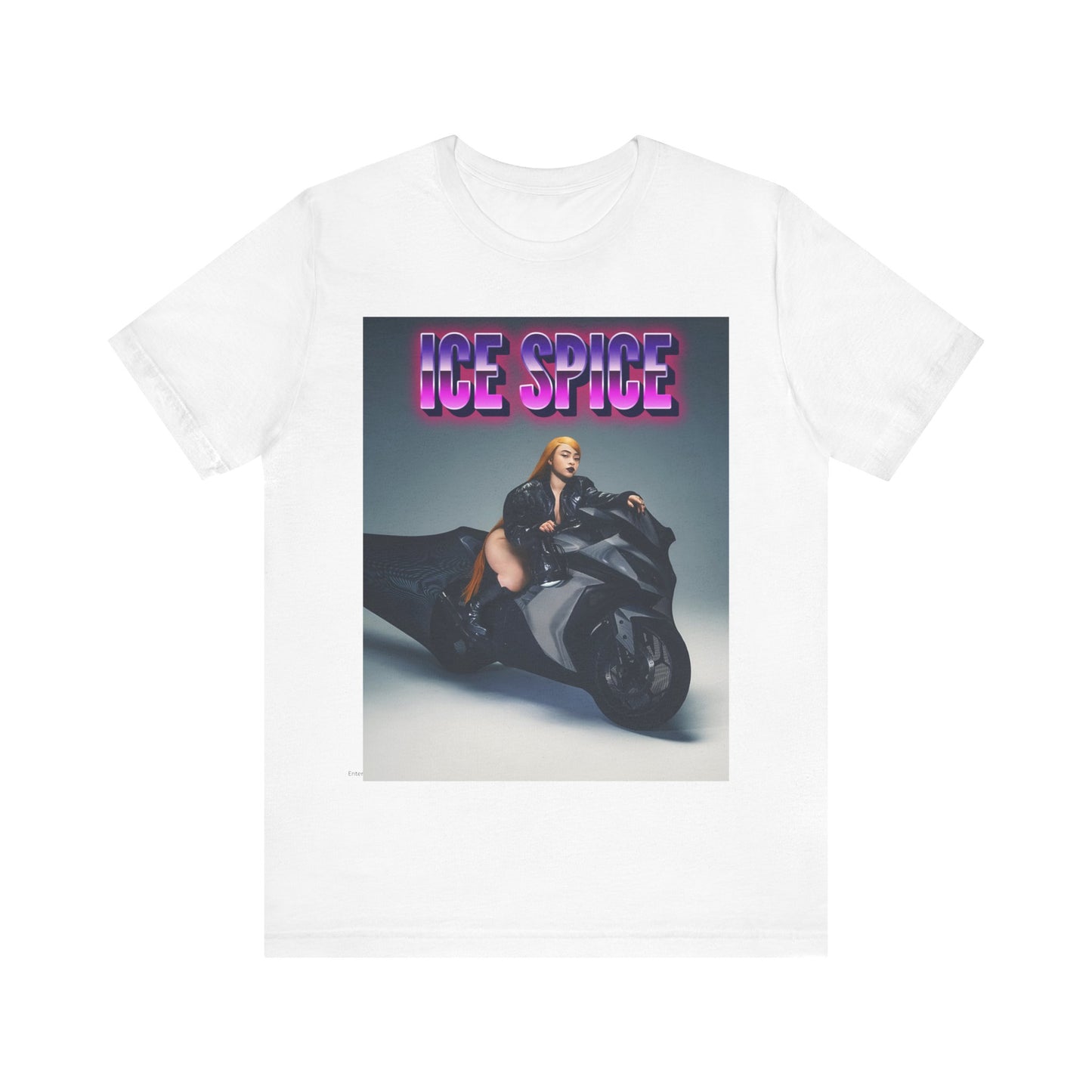 A black graphic t-shirt featuring a graphic of Ice Spice related to motorcycles or a rebellious, cool style.