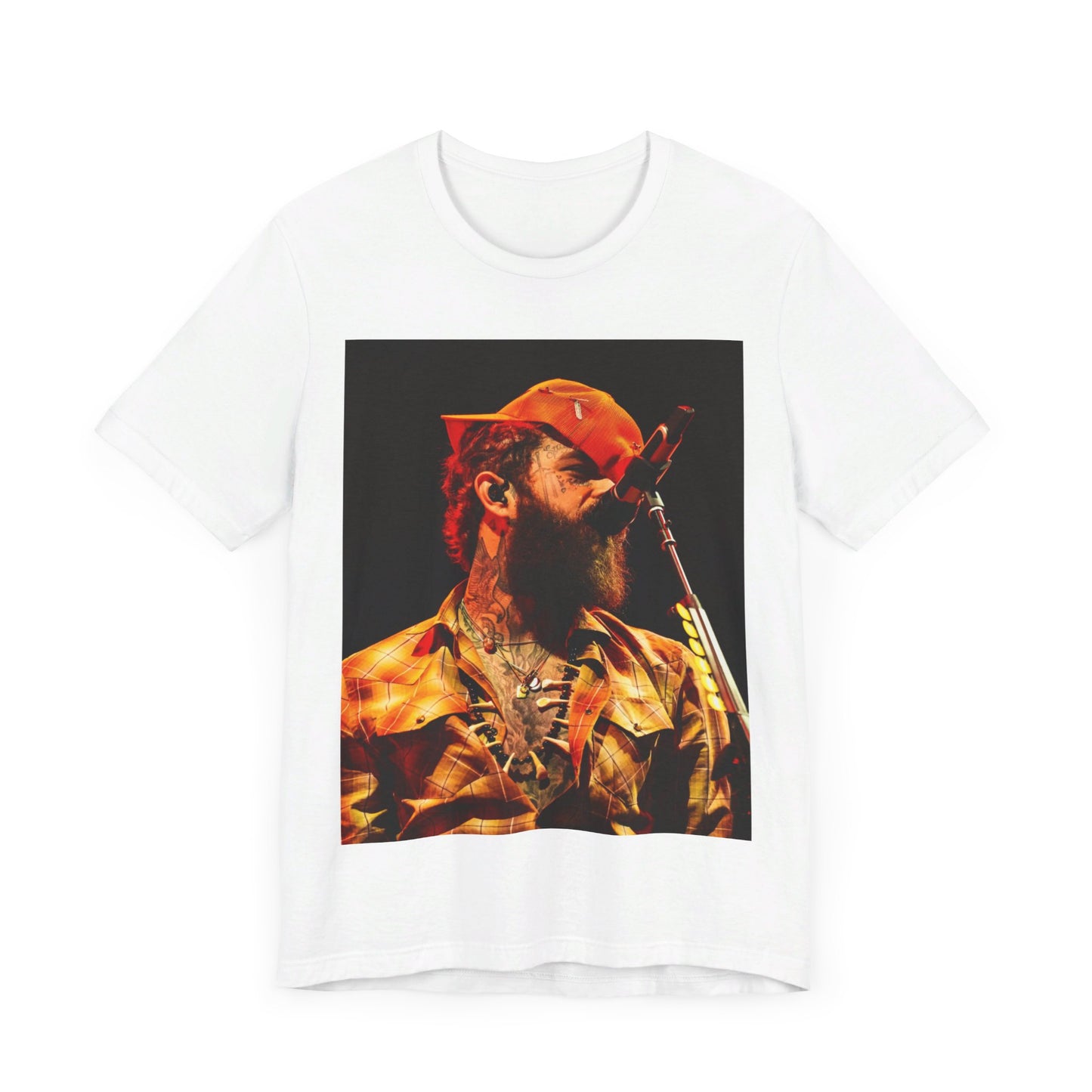 A black graphic t-shirt featuring a graphic or photo of Post Malone performing live on stage.