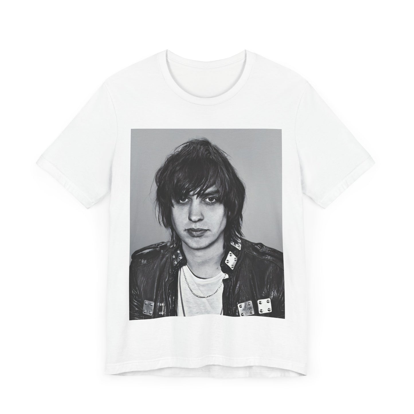 A black graphic t-shirt featuring a portrait photo of Julian Casablancas from The Strokes.