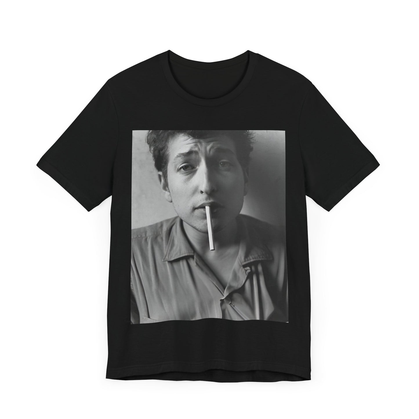 A black graphic t-shirt featuring a graphic of Bob Dylan from the 60s, depicted as a renegade folk icon.
