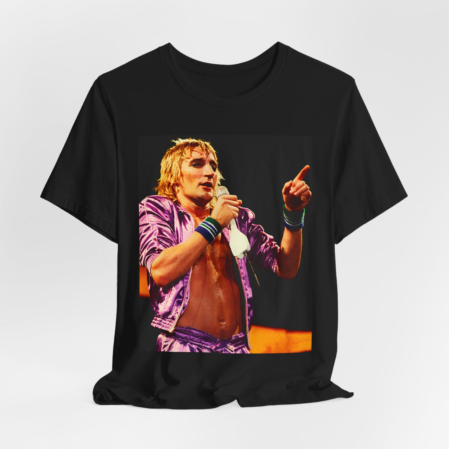 A black graphic t-shirt featuring a graphic of Rod Stewart with a chill 70s rock aesthetic.