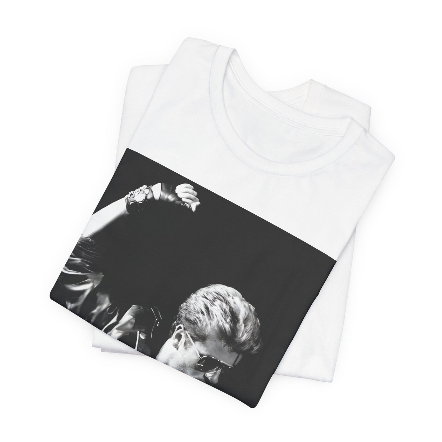 A black graphic t-shirt featuring a black and white photo of George Michael from his 'Faith' album era.