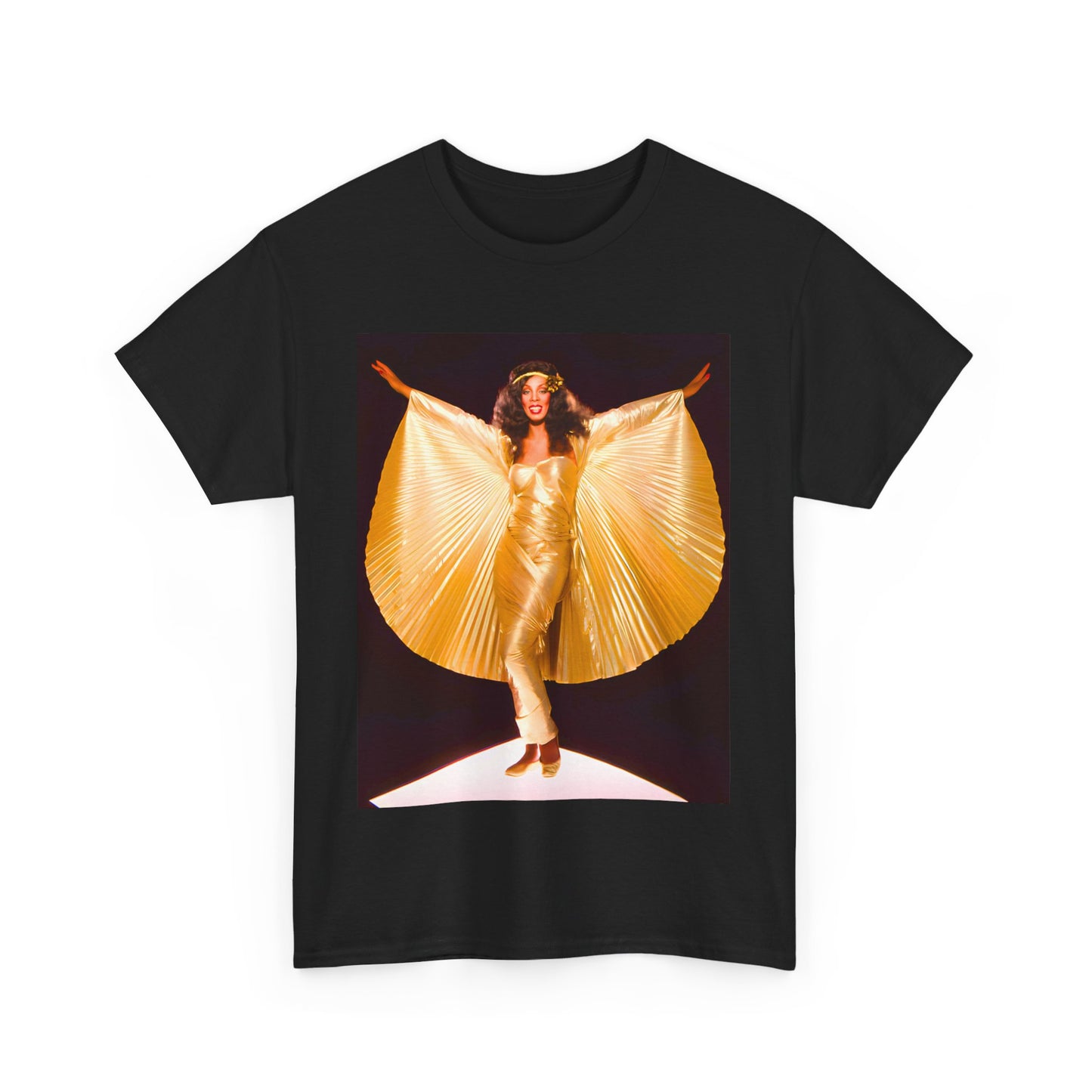 A black graphic t-shirt featuring a vintage graphic of Donna Summer as the Queen of Disco.