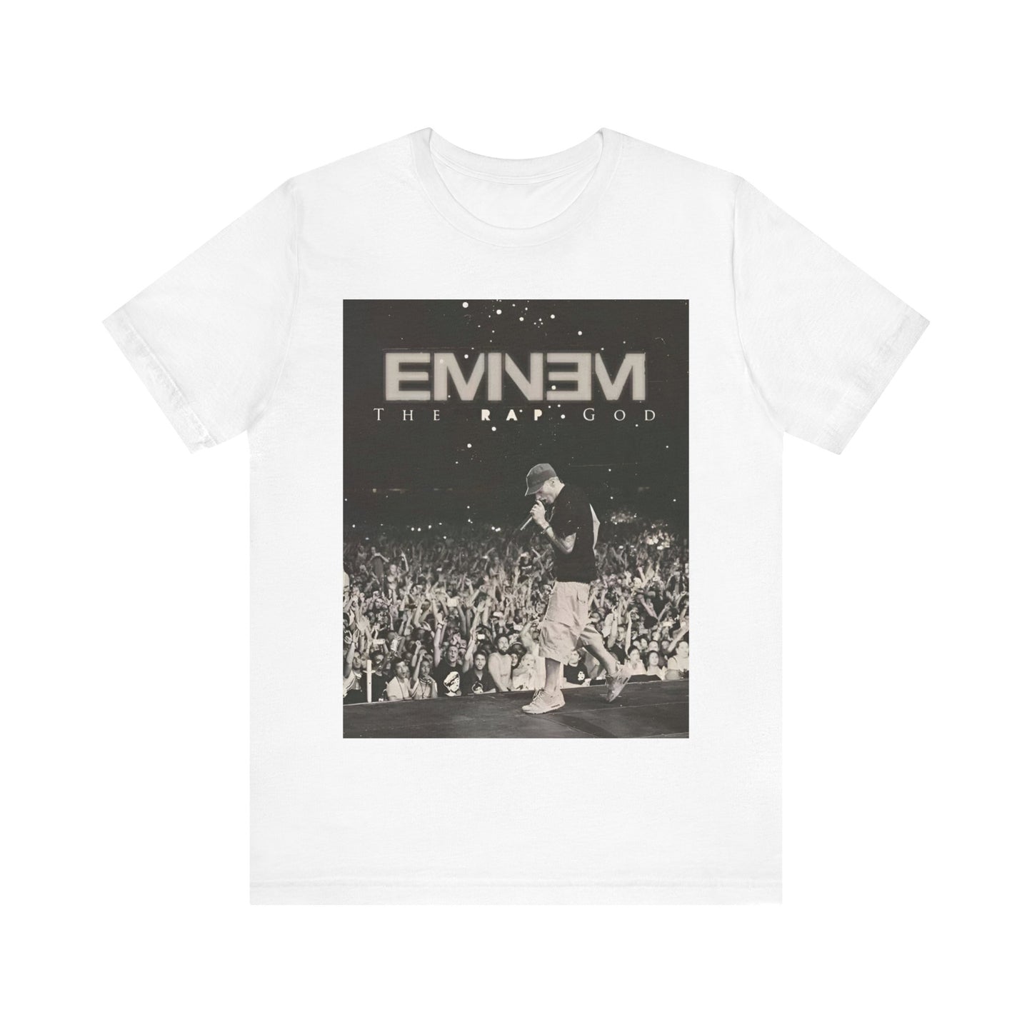 A black graphic t-shirt featuring a graphic or photo of Eminem performing live on tour.