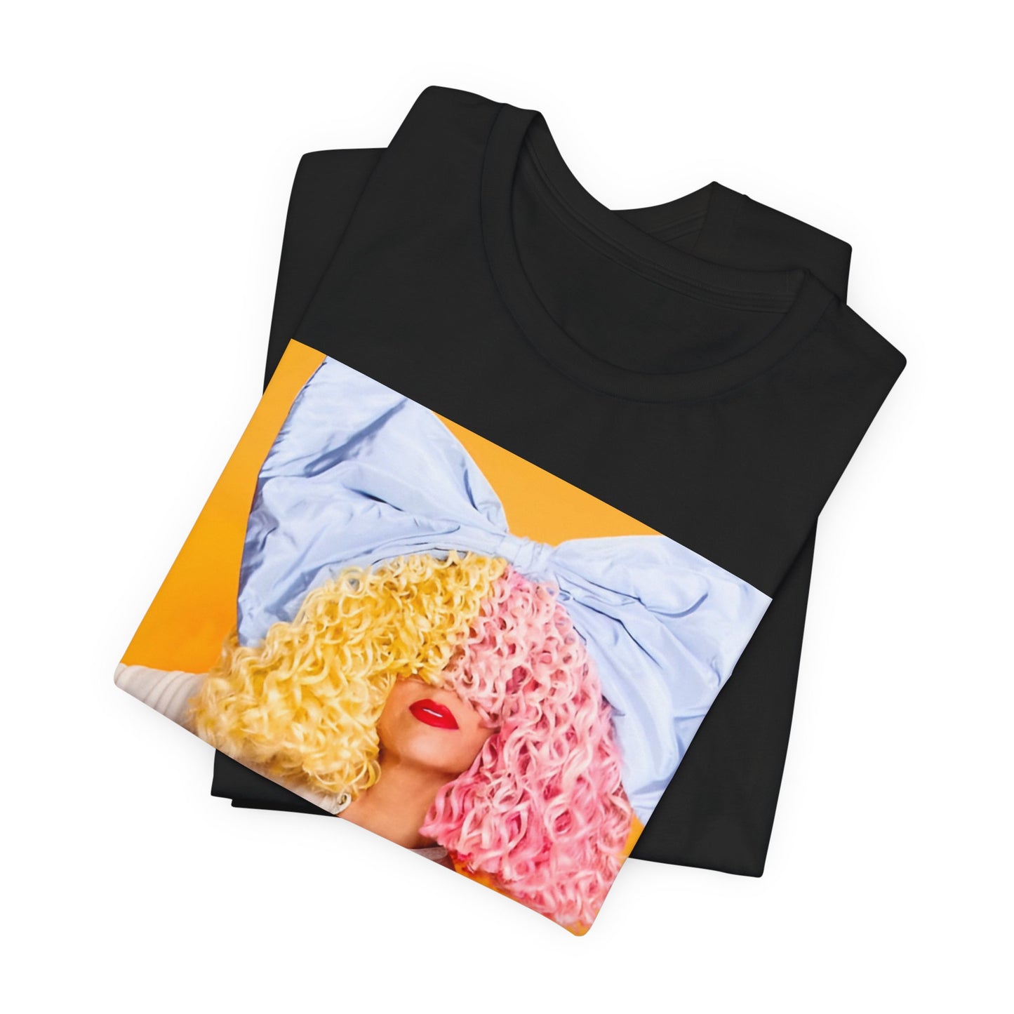 A black graphic t-shirt featuring a chill indie pop graphic of Sia.