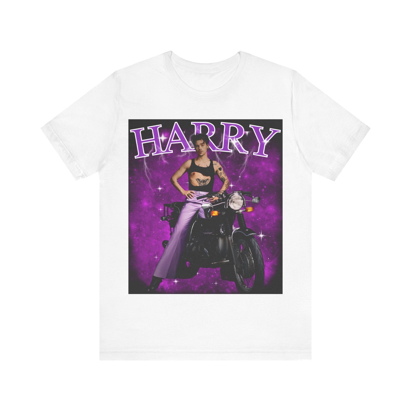 A black graphic t-shirt featuring a neon bootleg graphic of Harry Styles.