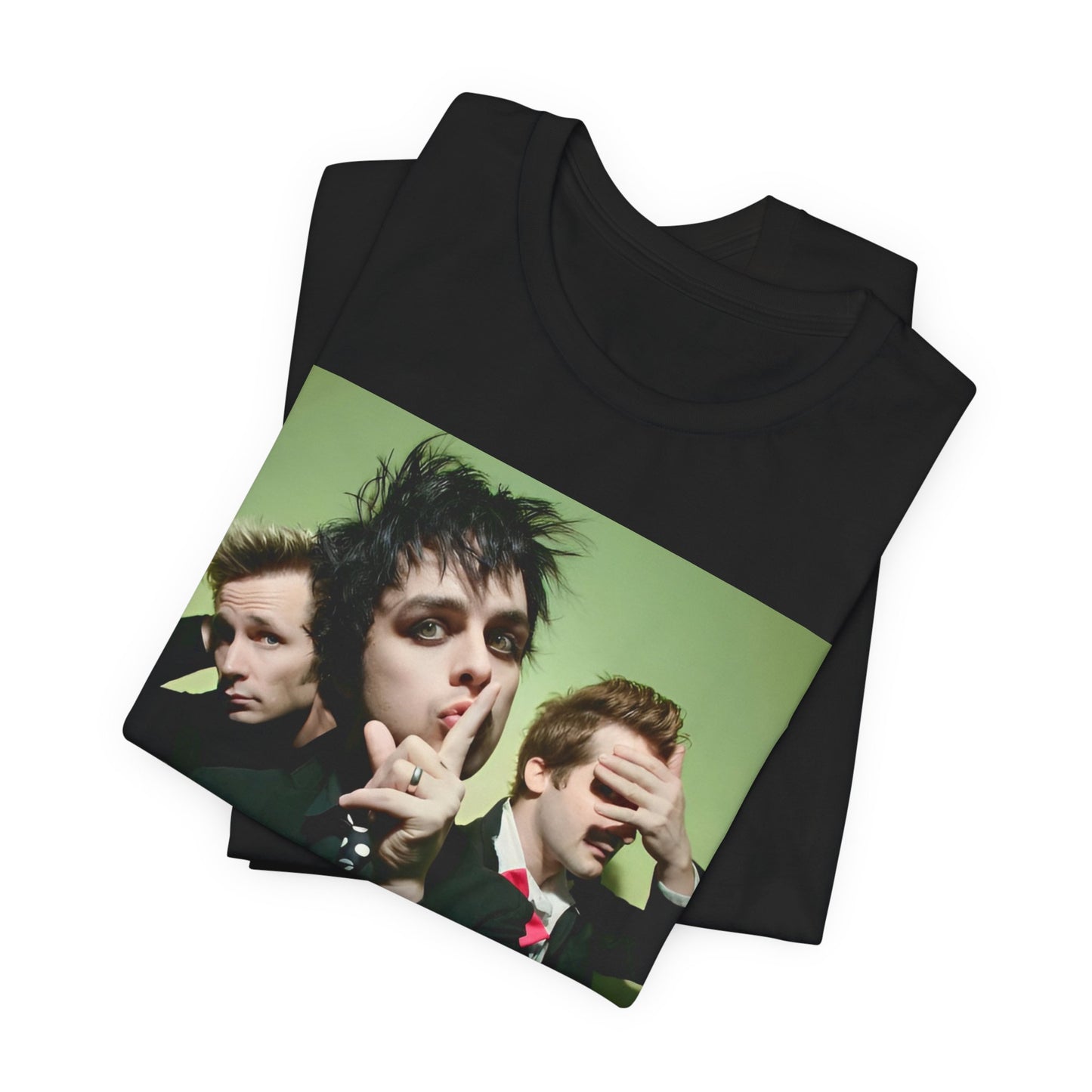 A black graphic t-shirt featuring a classic 90s pop-punk aesthetic graphic of Green Day.