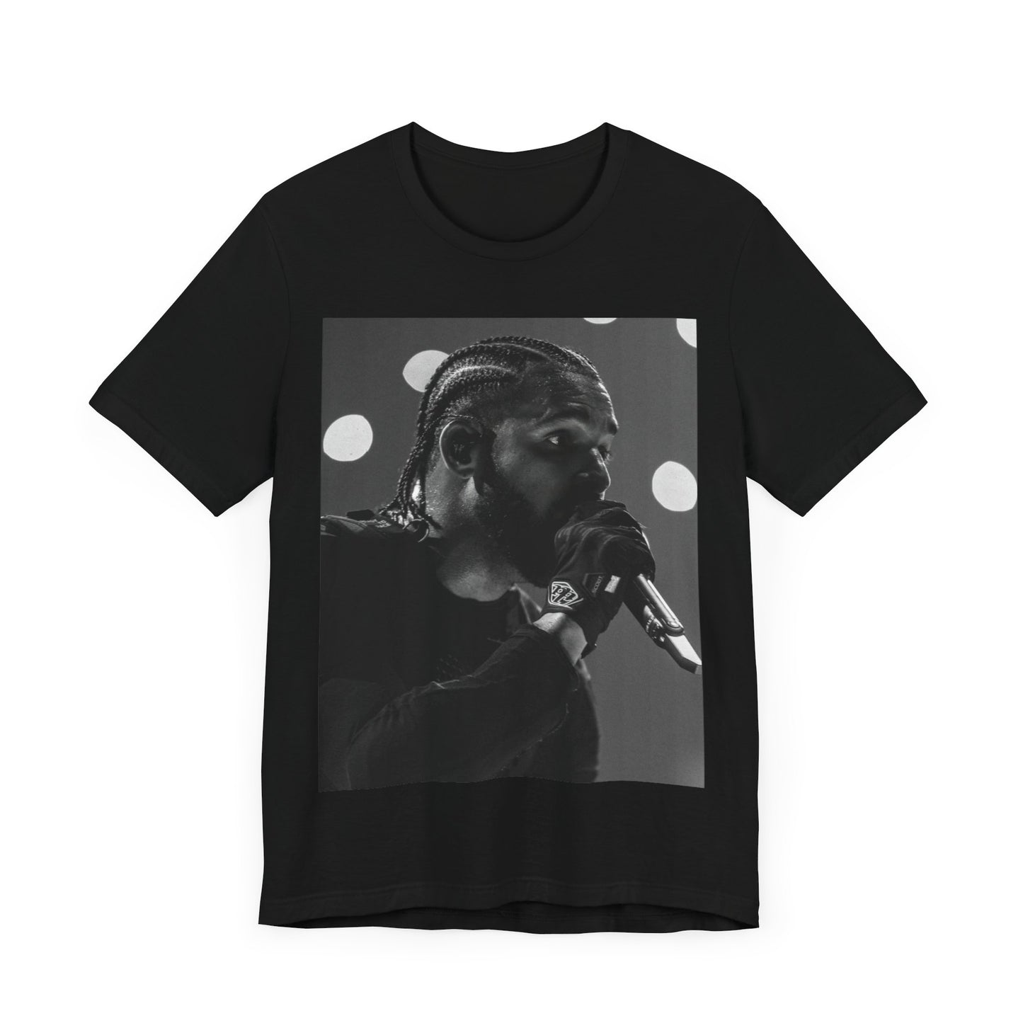 A black graphic t-shirt featuring a classic black and white style graphic of Drake.