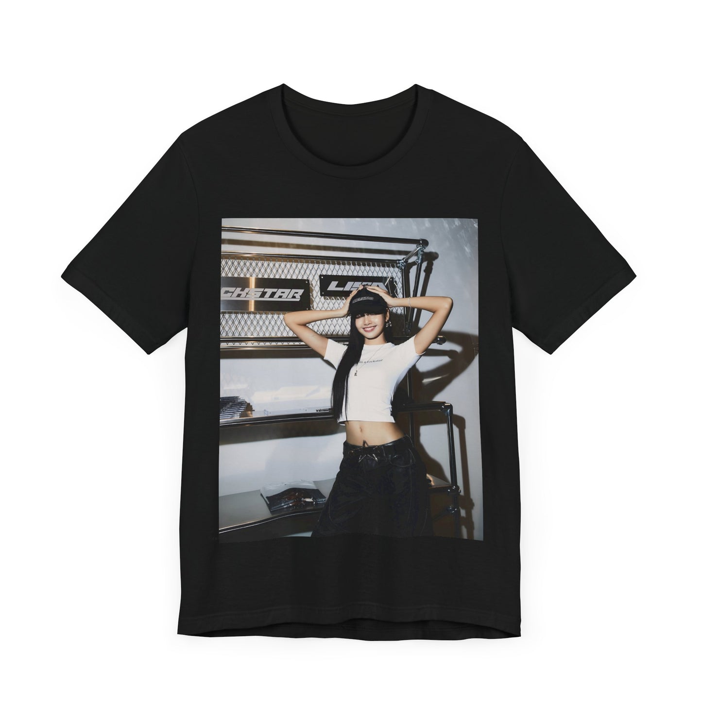A black graphic t-shirt featuring a graphic of Lisa as a street K-Pop style queen.