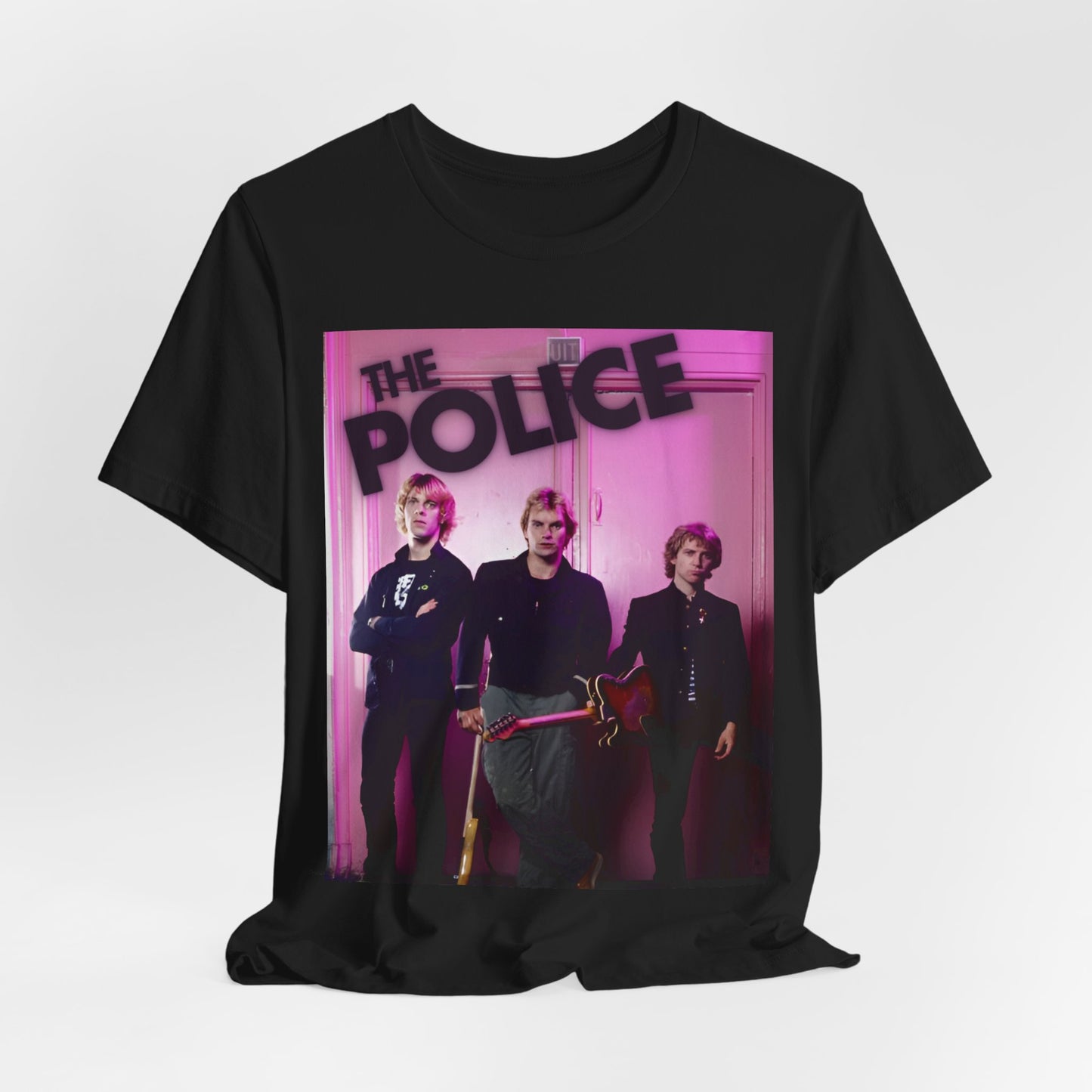A black graphic t-shirt featuring a classic graphic related to The Police's 'Roxanne' song or era.