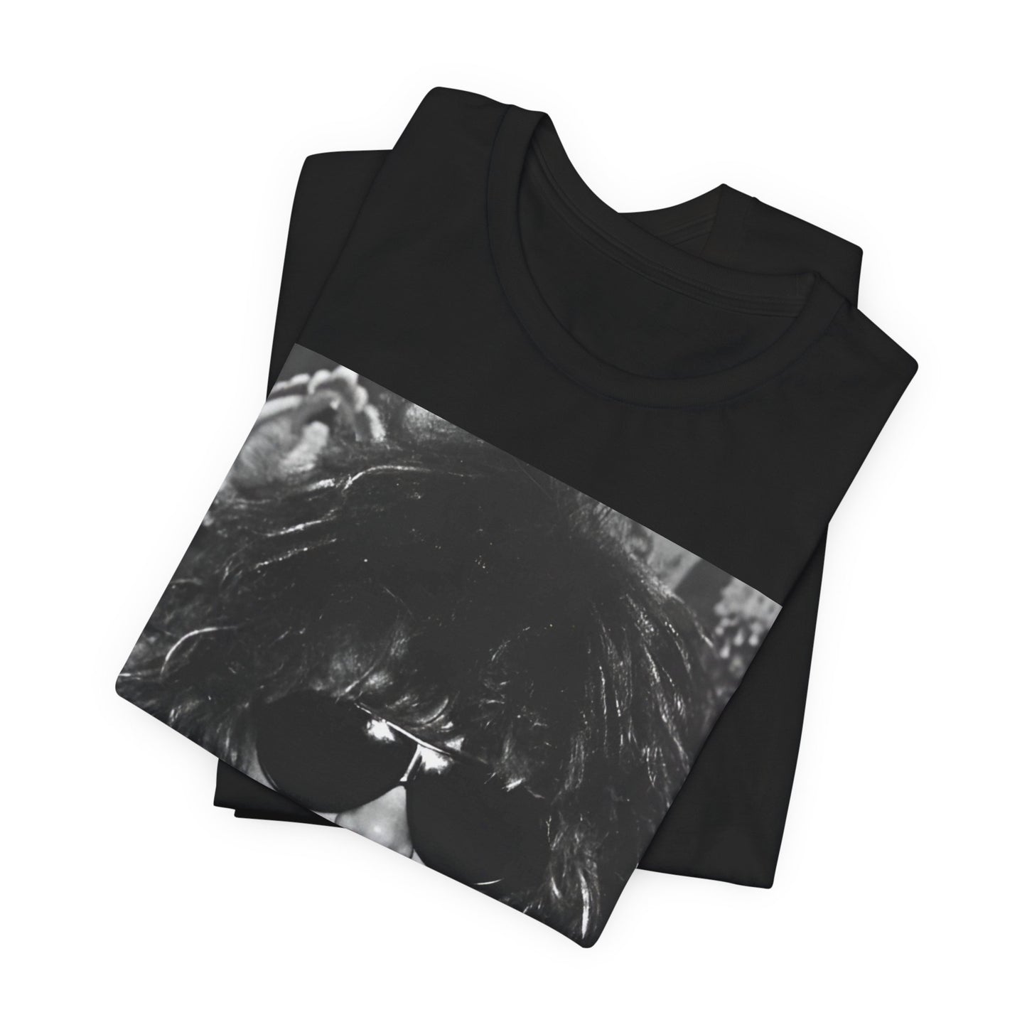 A black graphic t-shirt featuring a graphic or photo of Bon Jovi in a backstage setting.