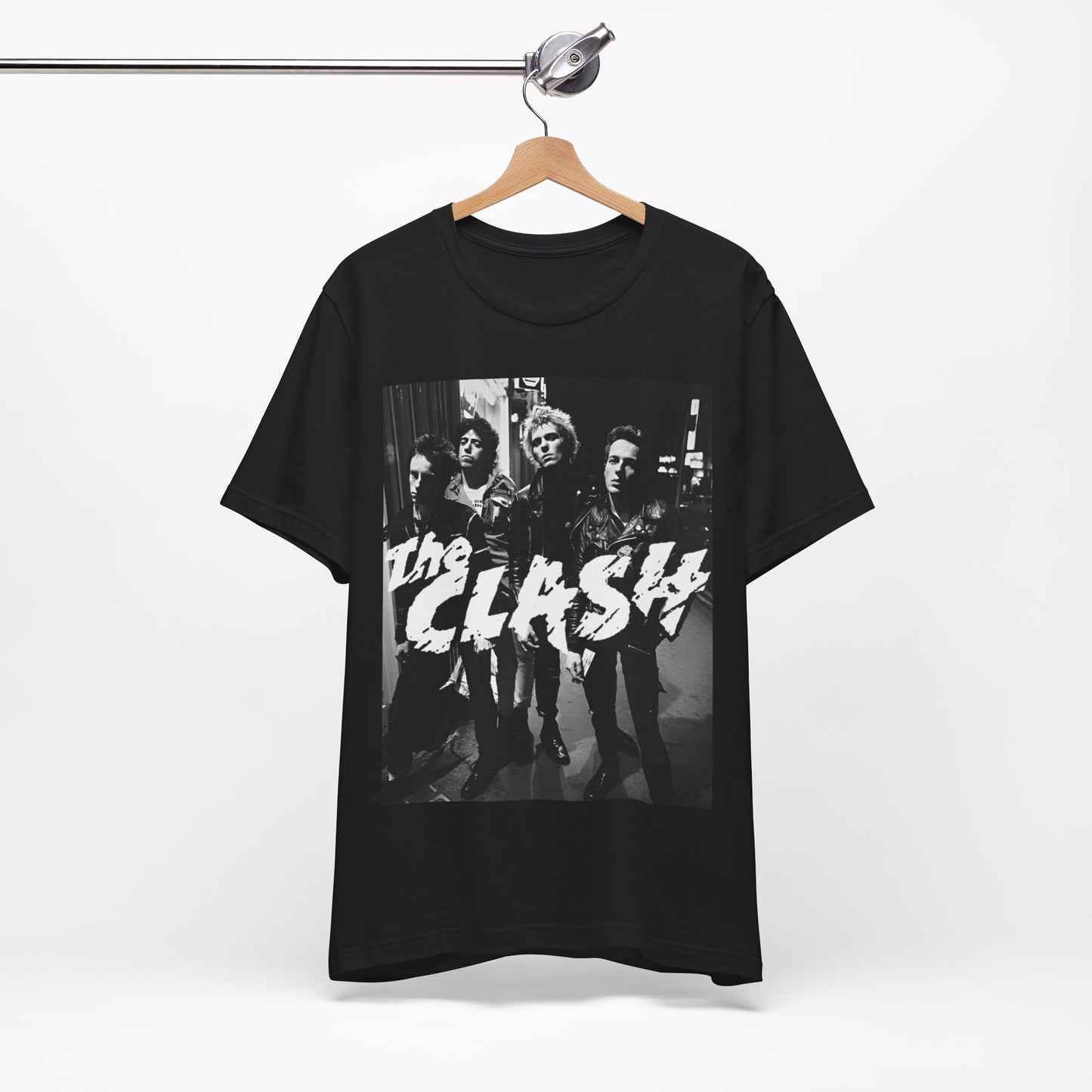 A black graphic t-shirt featuring a graphic related to The Clash's 'London Calling' album era.