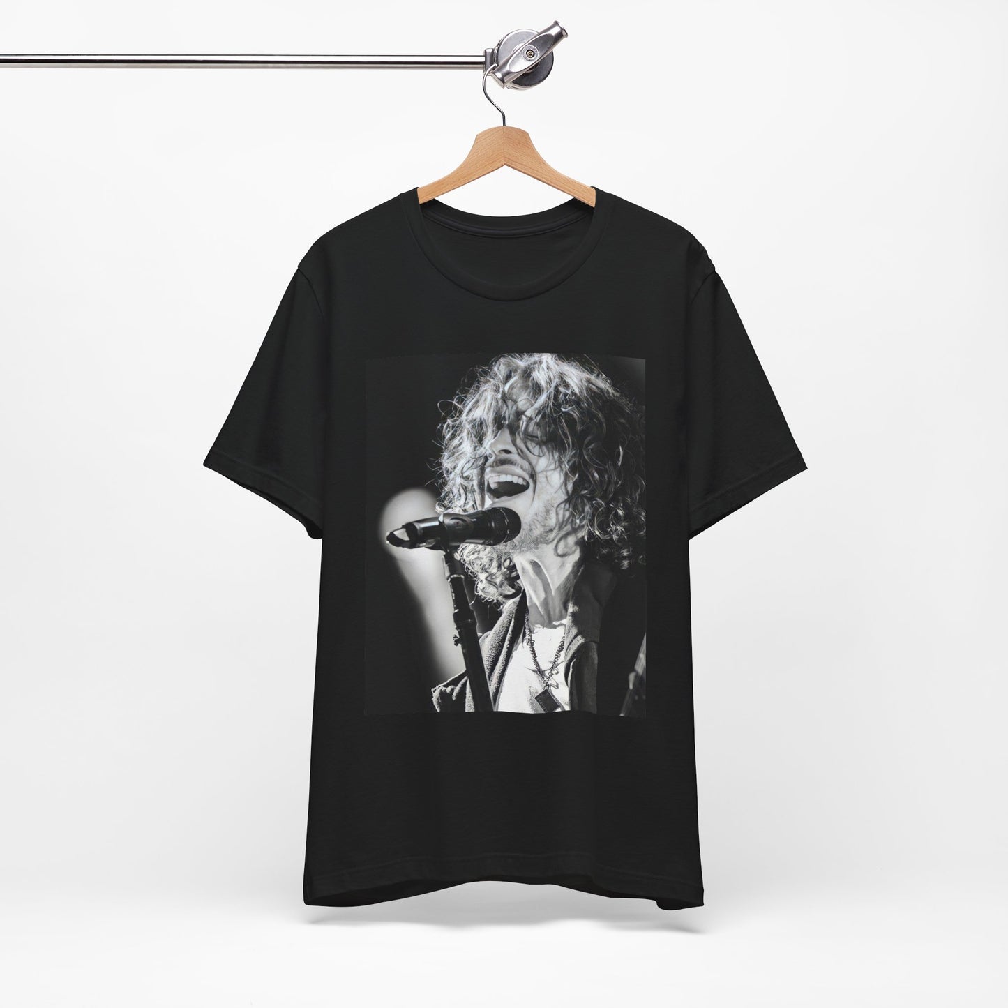 A black graphic t-shirt featuring a graphic related to Chris Cornell's song "Cochise" or Audioslave.