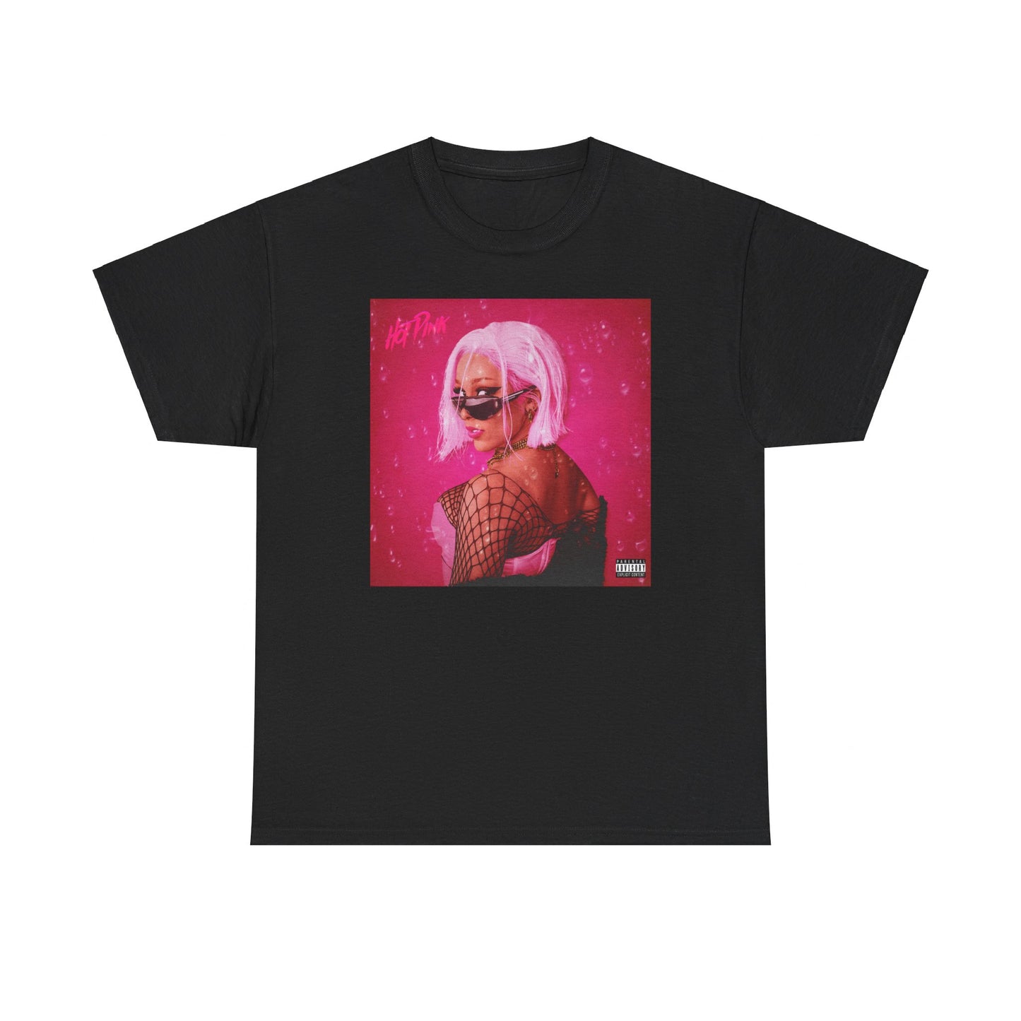 A black graphic t-shirt featuring a graphic related to Doja Cat's "Hot Pink" album era.