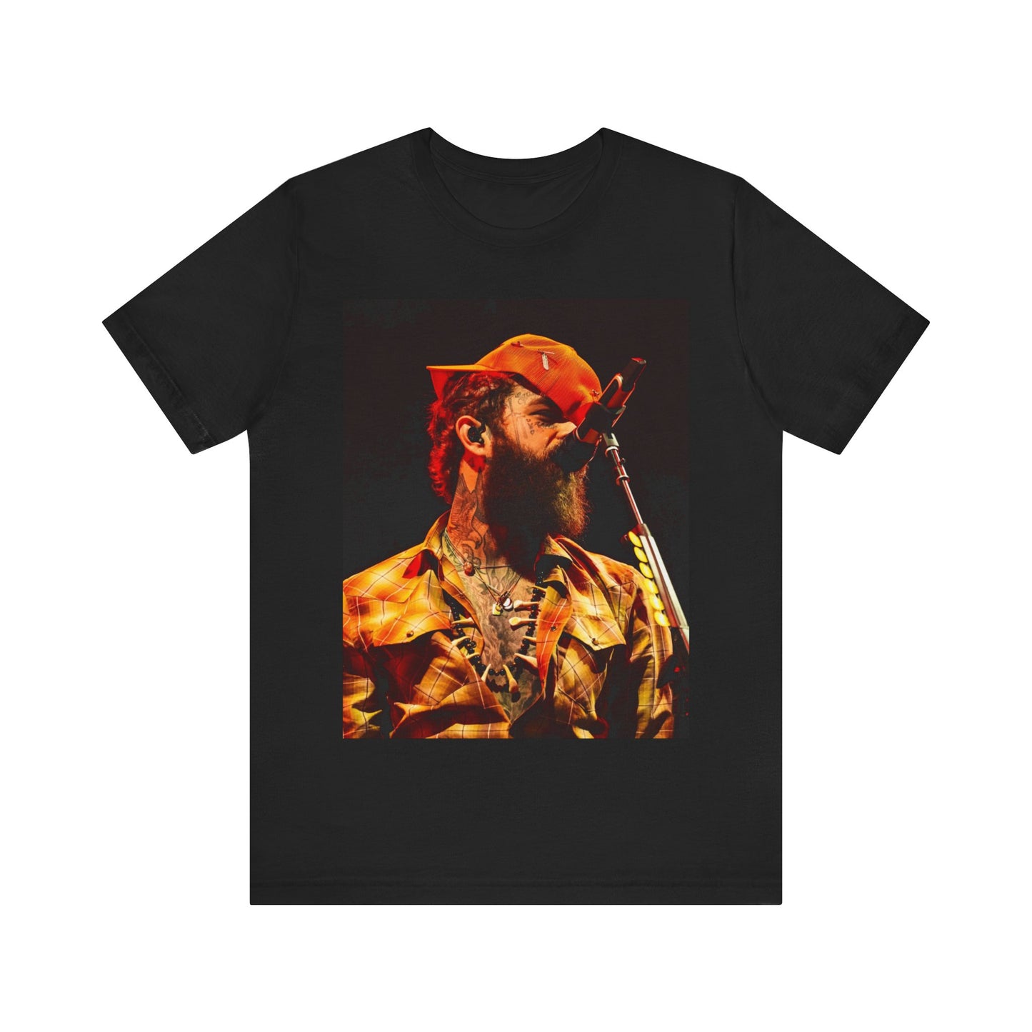 A black graphic t-shirt featuring a graphic or photo of Post Malone performing live on stage.
