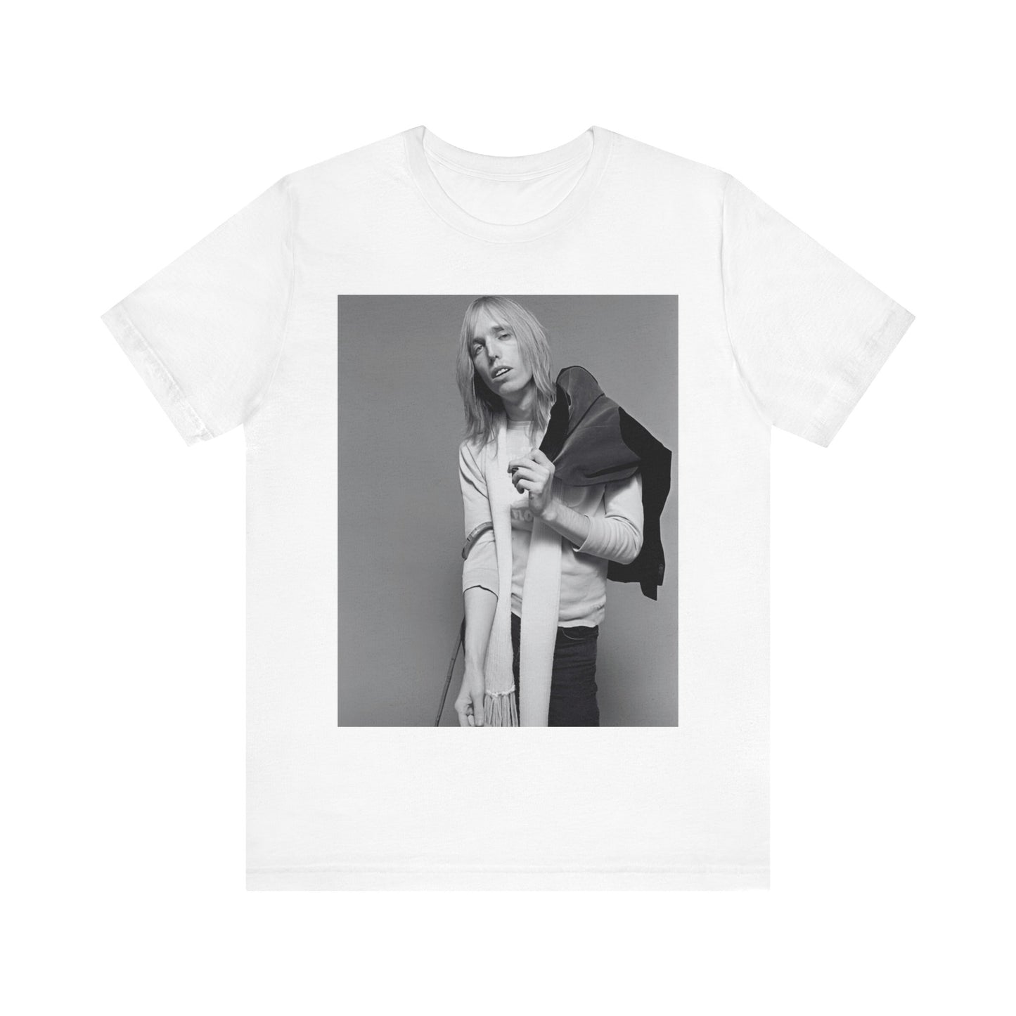 A black graphic t-shirt featuring a modern rock essential graphic of Tom Petty.