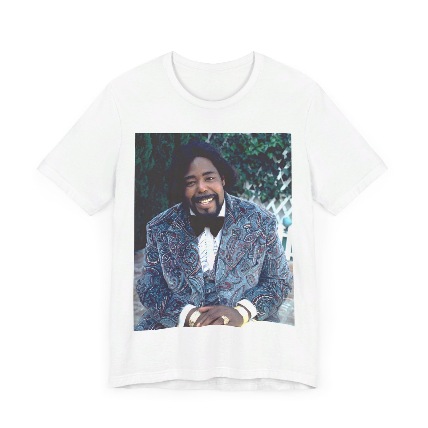 A black graphic t-shirt featuring a retro 70s photo of Barry White, evoking the disco era.