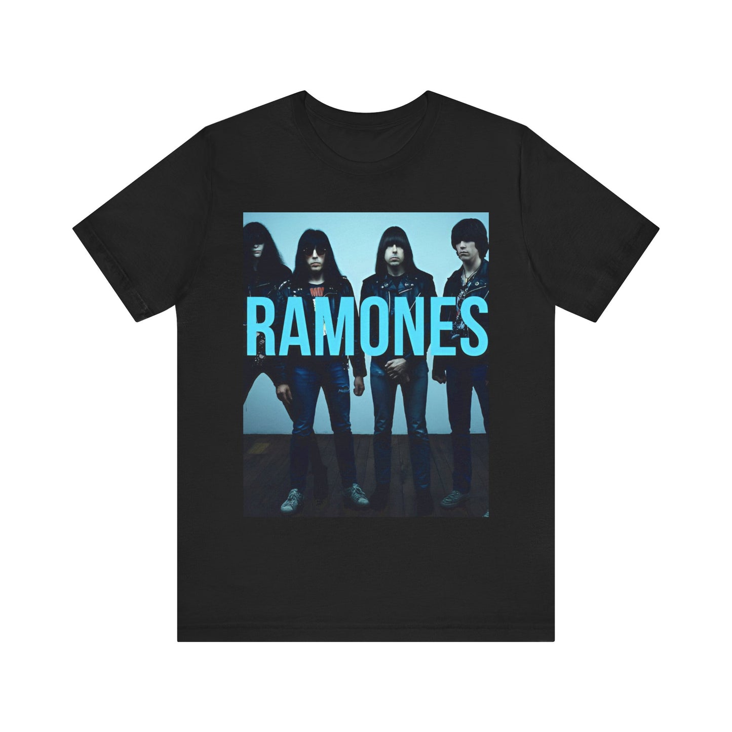 A black graphic t-shirt featuring the album cover art for Ramones' self-titled debut album.