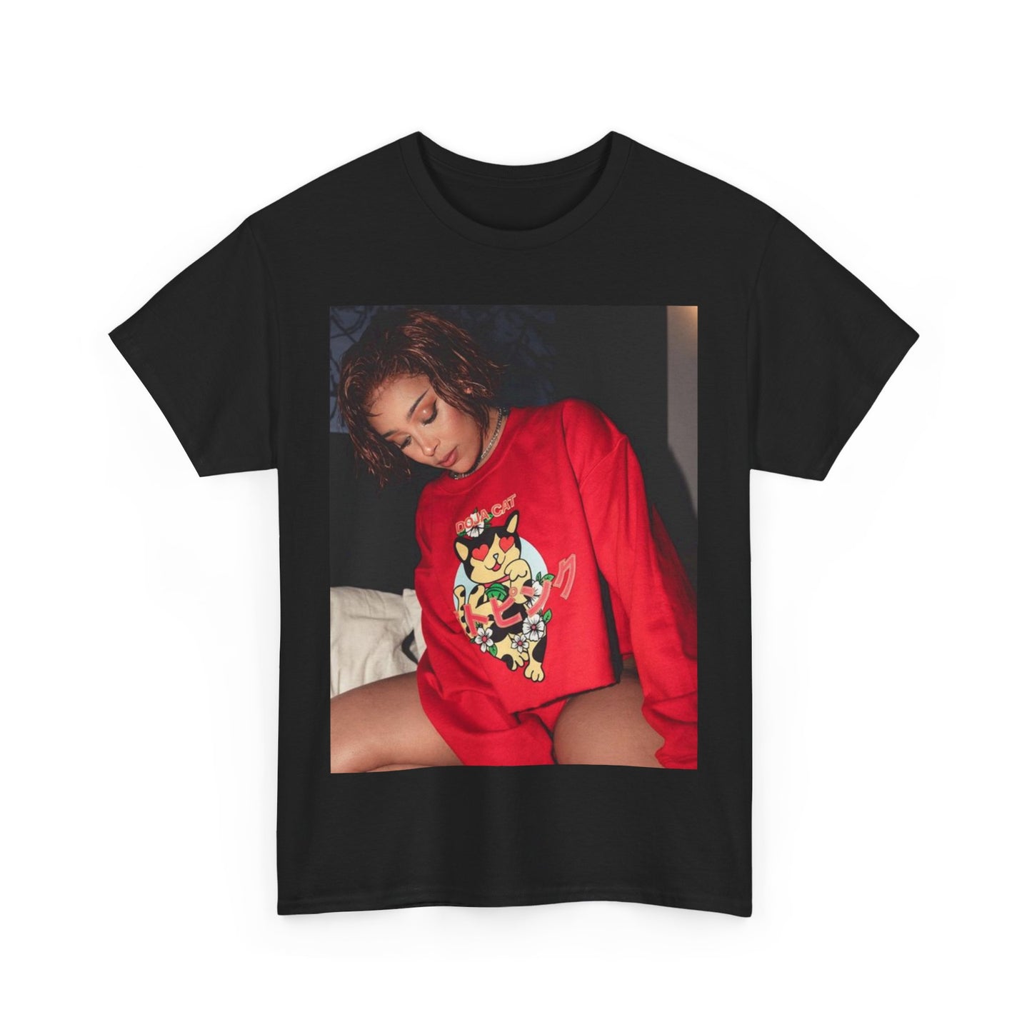 A black graphic t-shirt featuring a graphic of Doja Cat as a style icon.