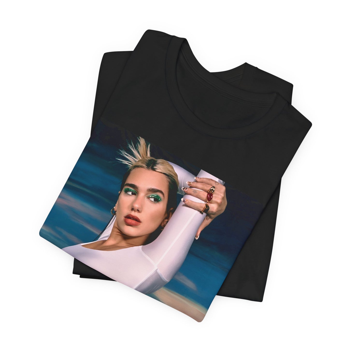 A black graphic t-shirt featuring a stylized graphic of Dua Lipa as a modern pop sensation.