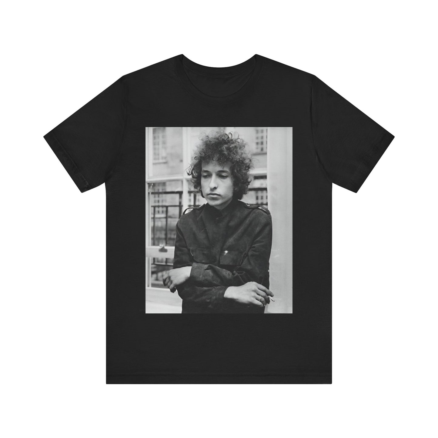 A black graphic t-shirt featuring a black and white graphic of Bob Dylan from the folk revival era.