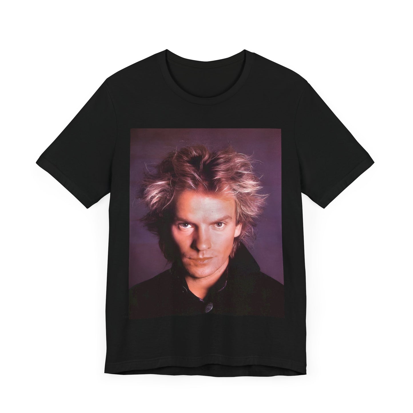 A black graphic t-shirt featuring a graphic related to Sting's 'Every Breath You Take' song or era.