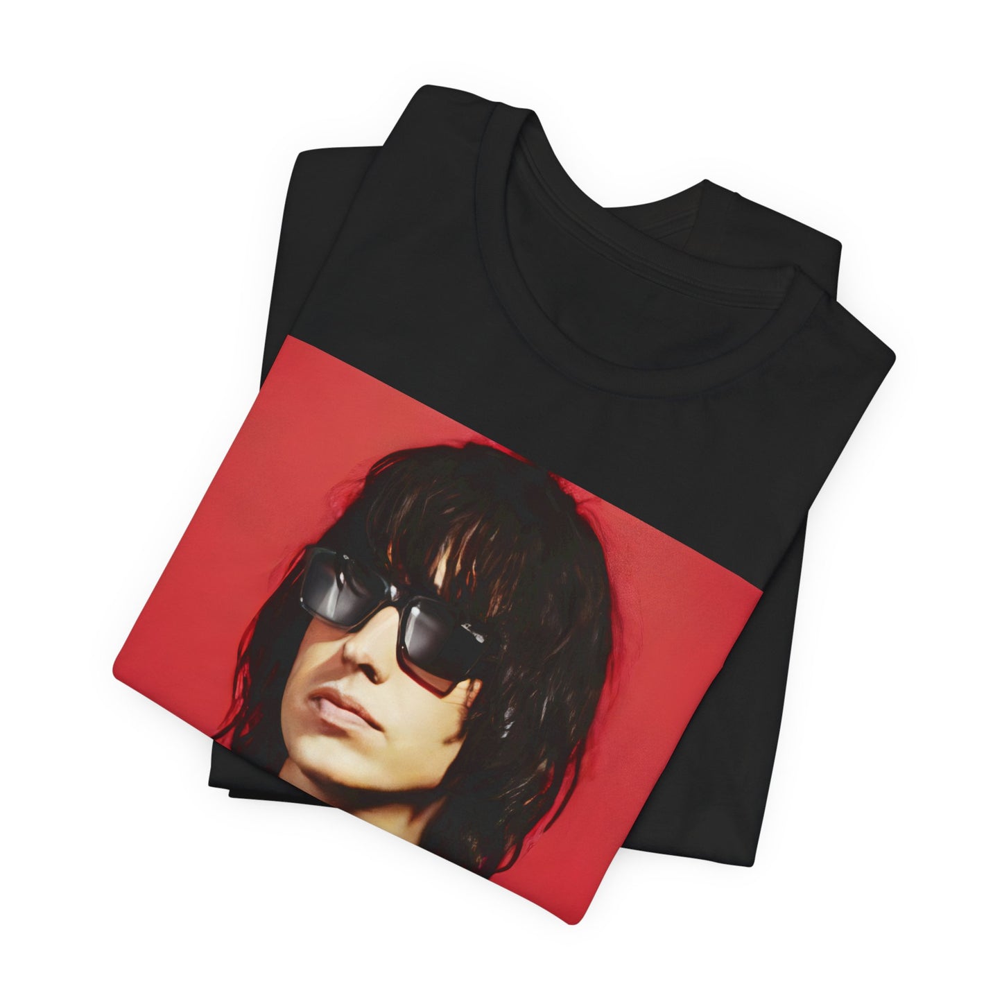 A black graphic t-shirt featuring a 2000s indie aesthetic graphic of Julian Casablancas from The Strokes.