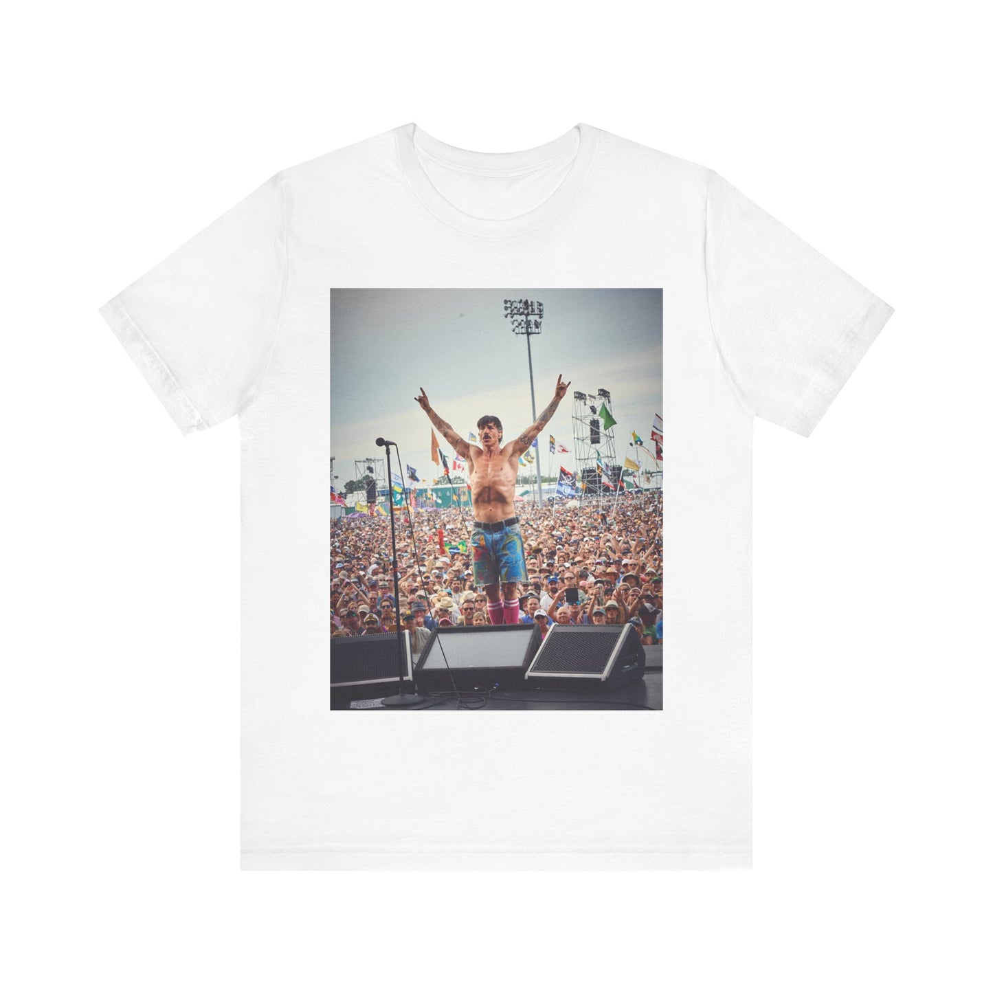 A black graphic t-shirt featuring a concert tour graphic of Red Hot Chili Peppers.