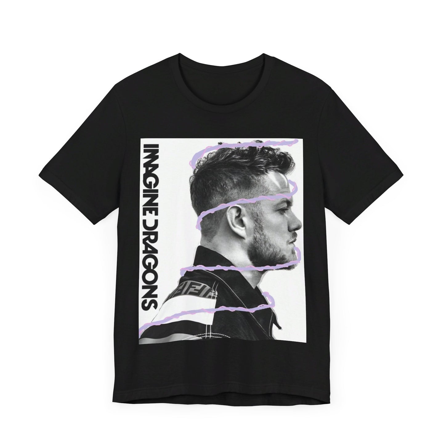 A black graphic t-shirt featuring a graphic of Imagine Dragons designed with a modern alt rock spirit.