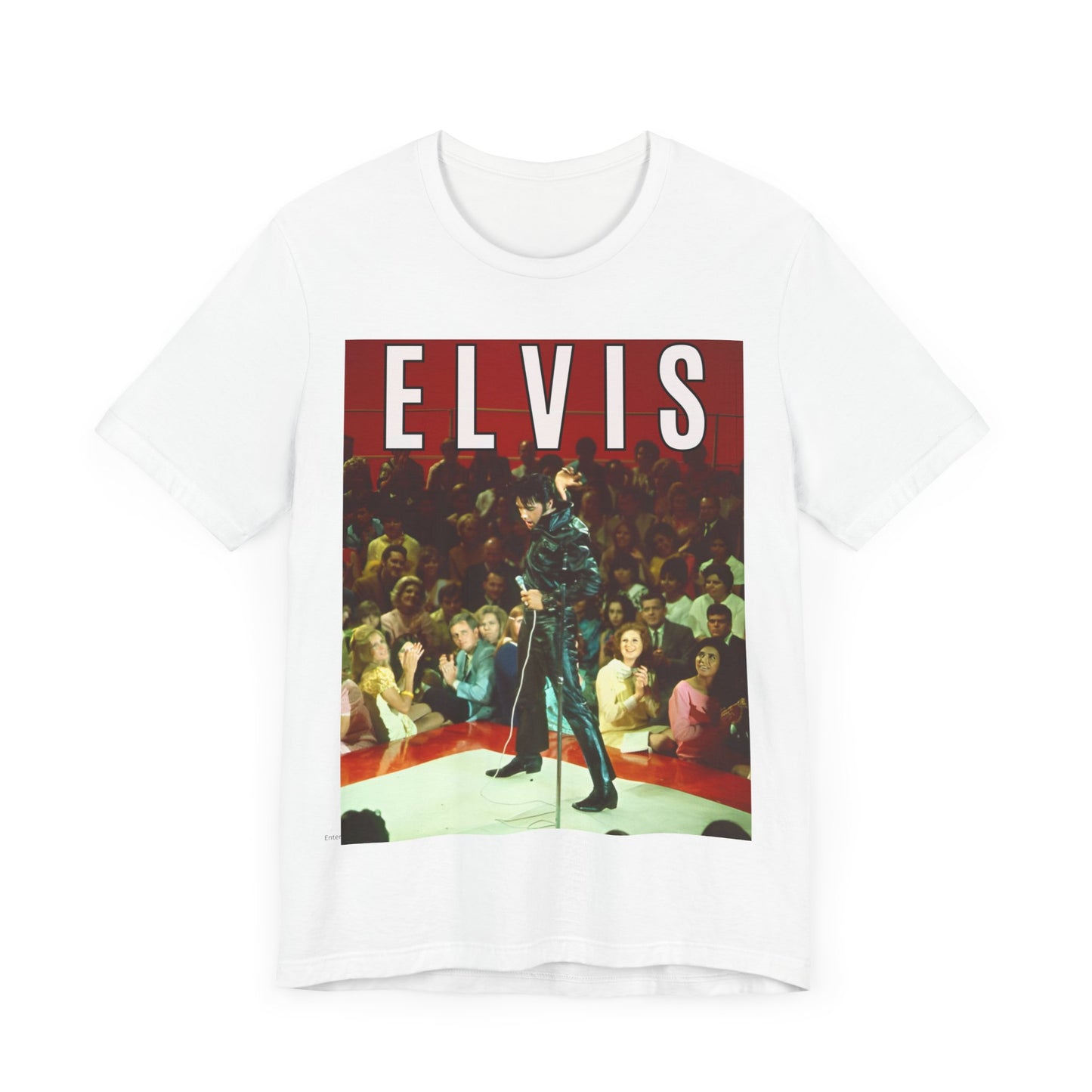 A black graphic t-shirt featuring a retro graphic related to an Elvis Presley special concert.