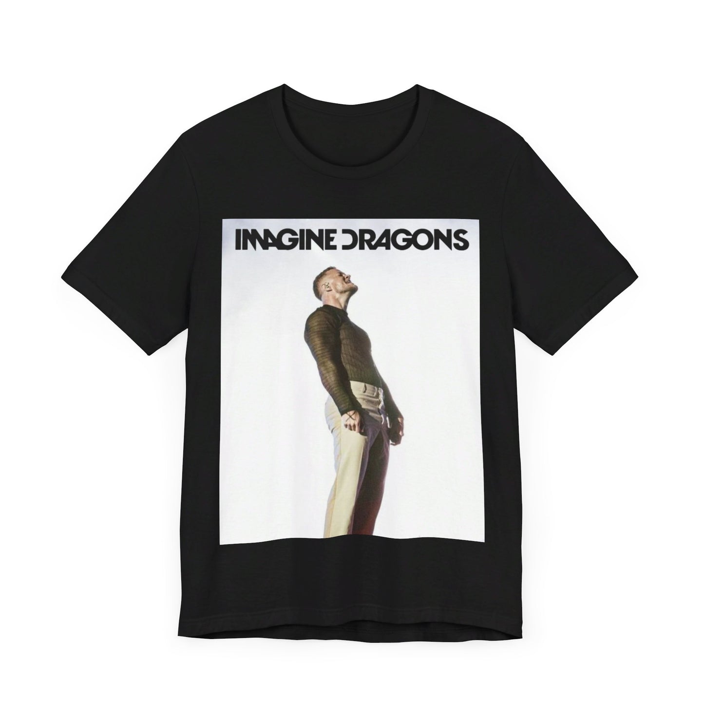 A black graphic t-shirt featuring a graphic related to Imagine Dragons' 'Believer' song or era.