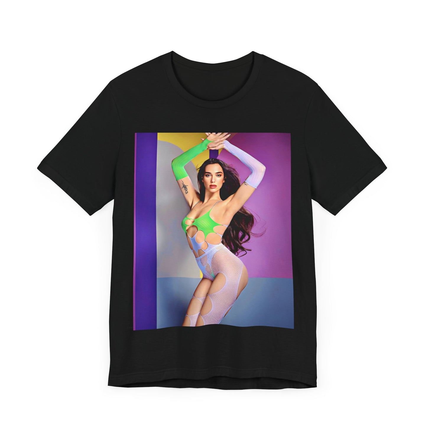 A black graphic t-shirt featuring a casual graphic related to Dua Lipa's "Future Nostalgia" era.
