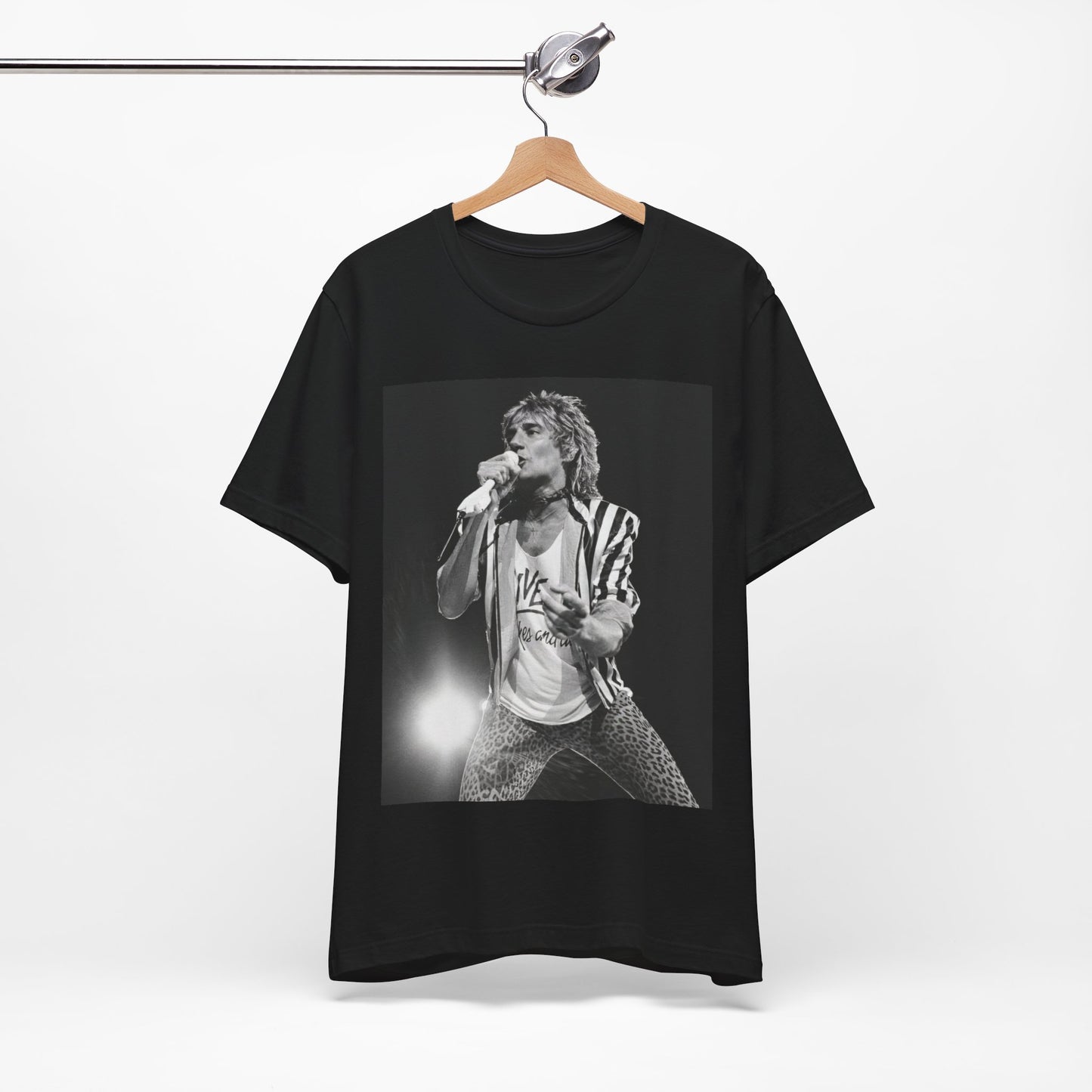 A black graphic t-shirt featuring a black and white portrait photo of Rod Stewart.
